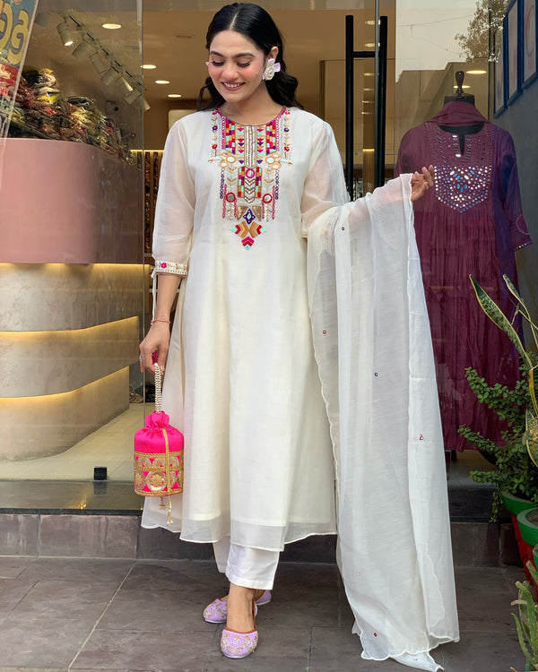 Luxuriant Off White Color Chanderi Silk With Embroidery Work Kurta Set