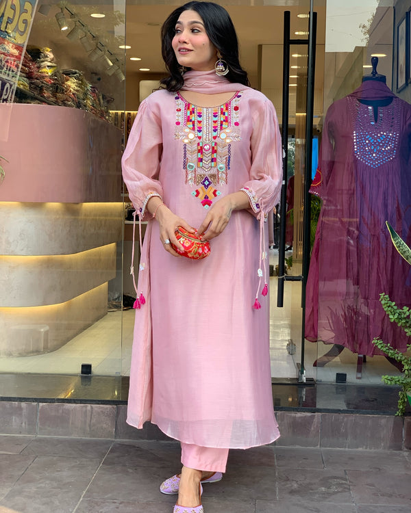 Luxuriant Baby Pink Color Chanderi Silk With Embroidery Work Kurta Set
