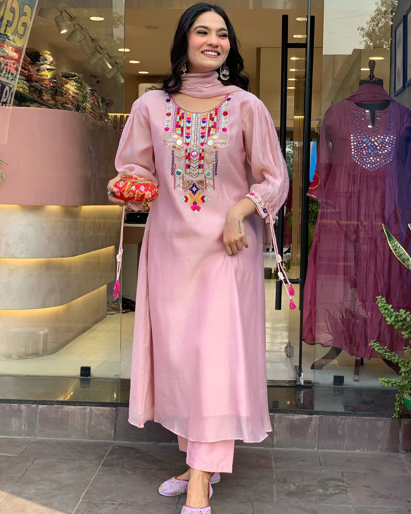 Luxuriant Baby Pink Color Chanderi Silk With Embroidery Work Kurta Set
