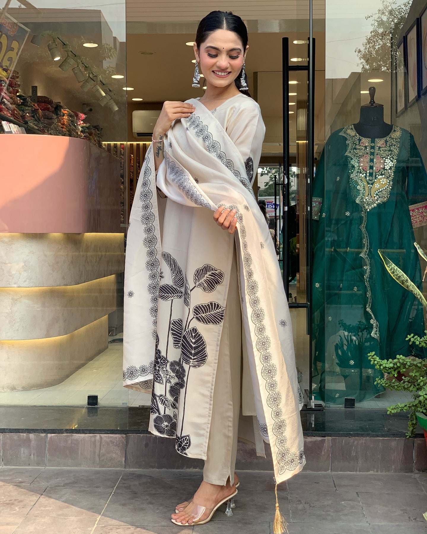 Alluring Cream Color Chanderi With Embroidery And Printed Work Beautiful Kurta Set