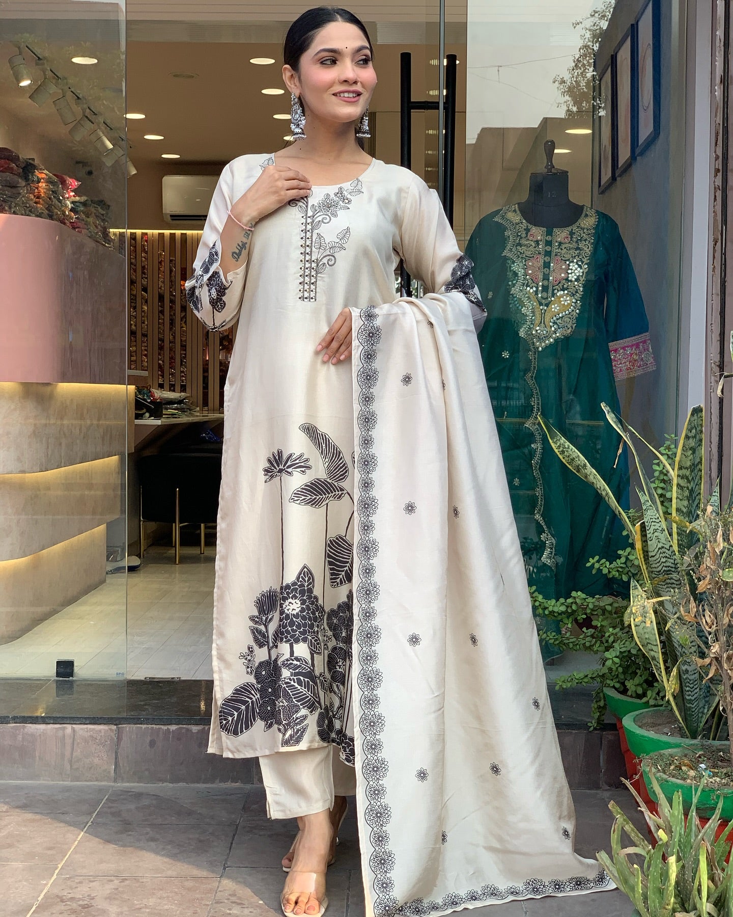 Alluring Cream Color Chanderi With Embroidery And Printed Work Beautiful Kurta Set