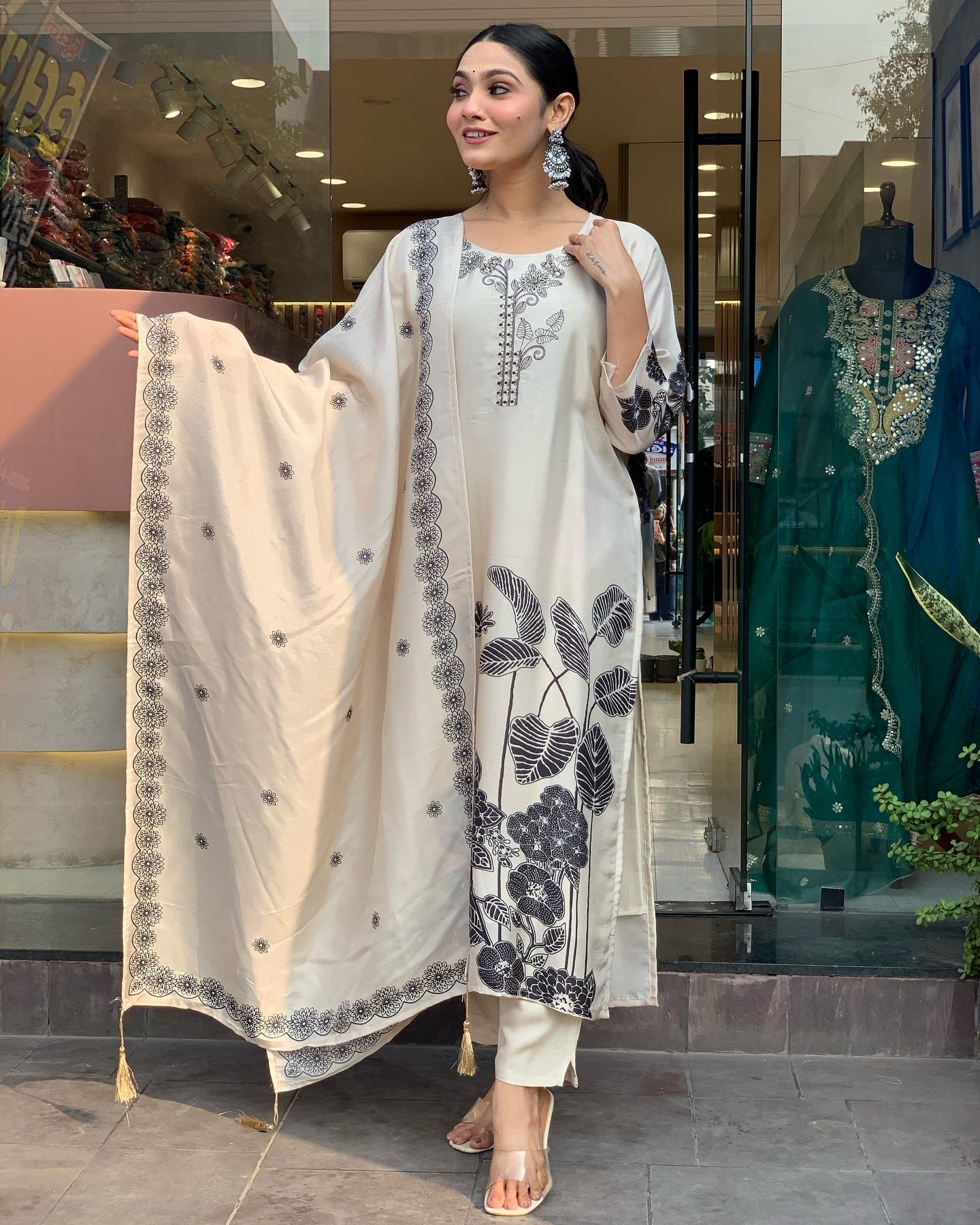 Alluring Cream Color Chanderi With Embroidery And Printed Work Beautiful Kurta Set