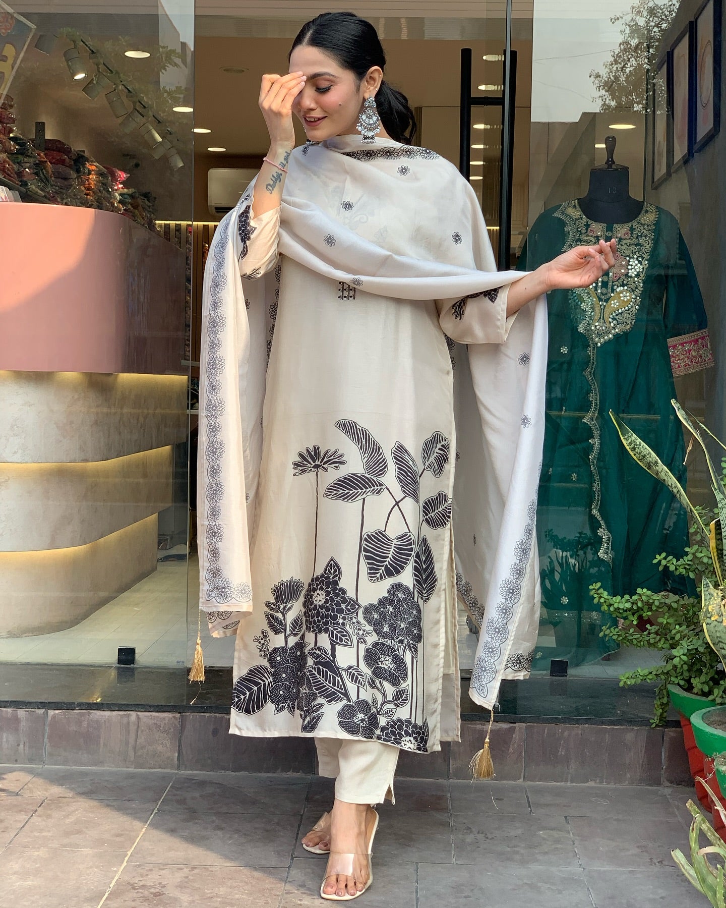 Alluring Cream Color Chanderi With Embroidery And Printed Work Beautiful Kurta Set