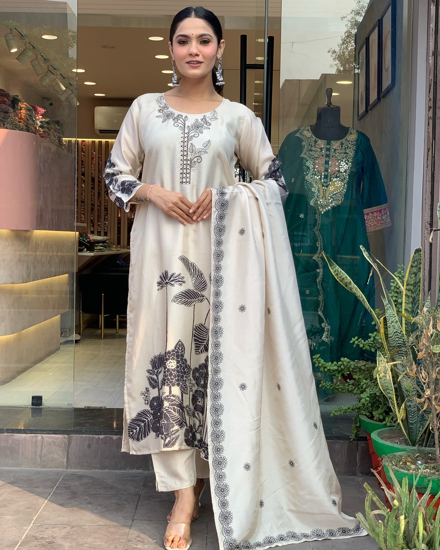 Alluring Cream Color Chanderi With Embroidery And Printed Work Beautiful Kurta Set