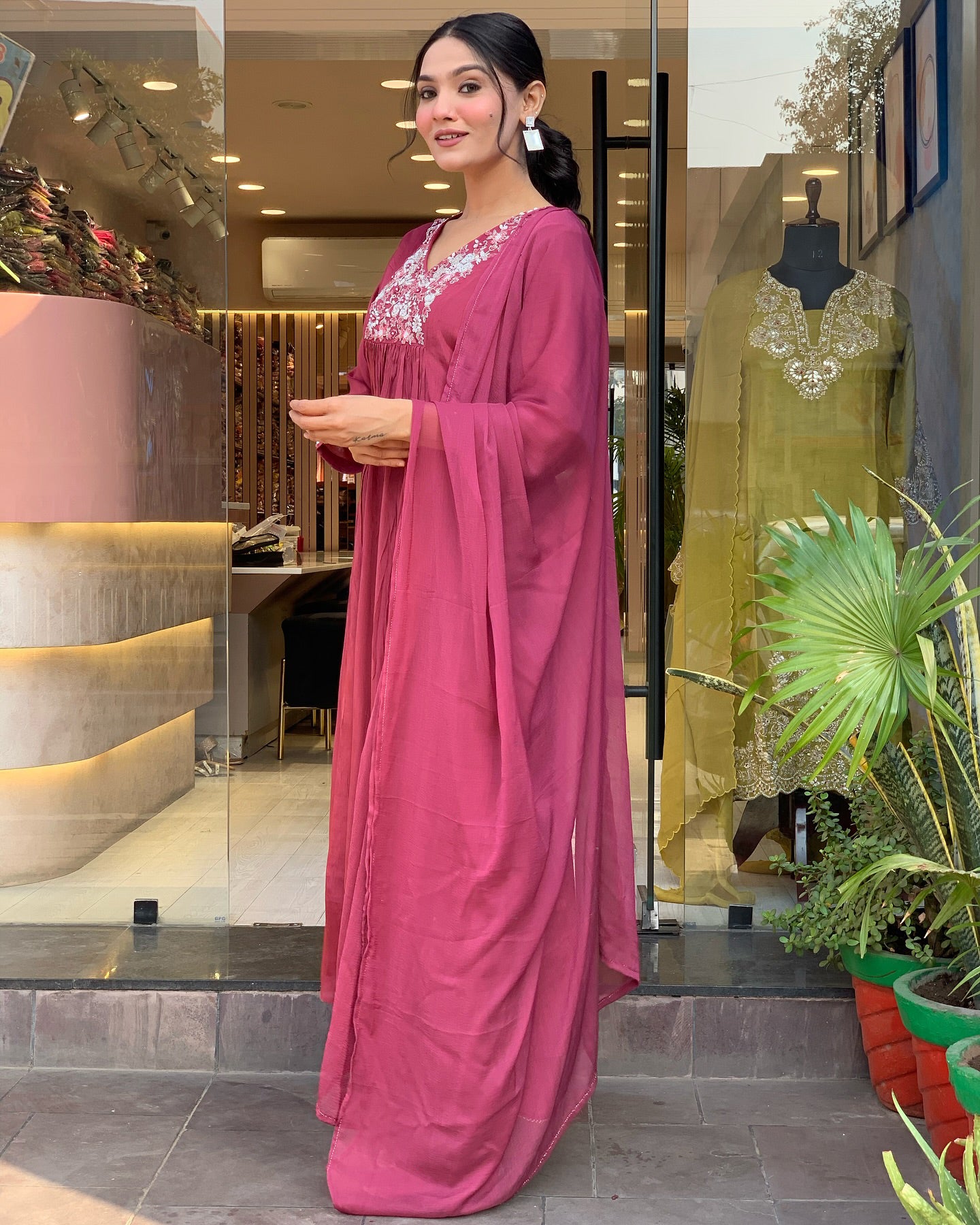 Beautiful Pink Color Viscose Chinon With Embroidery Work Kurta Set