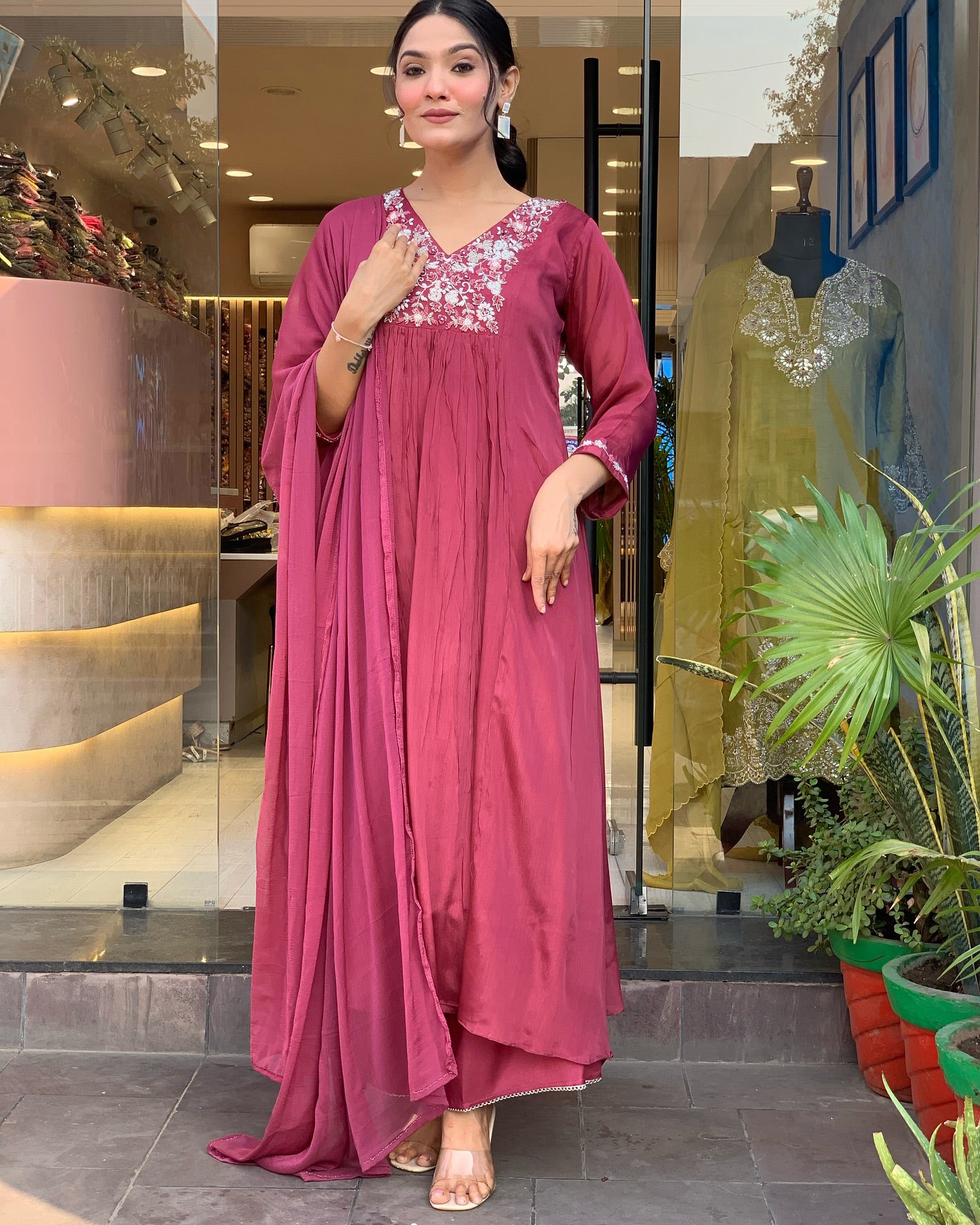 Beautiful Pink Color Viscose Chinon With Embroidery Work Kurta Set