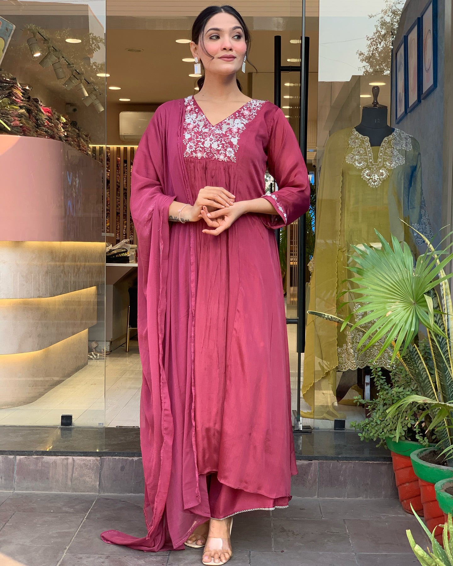 Beautiful Pink Color Viscose Chinon With Embroidery Work Kurta Set