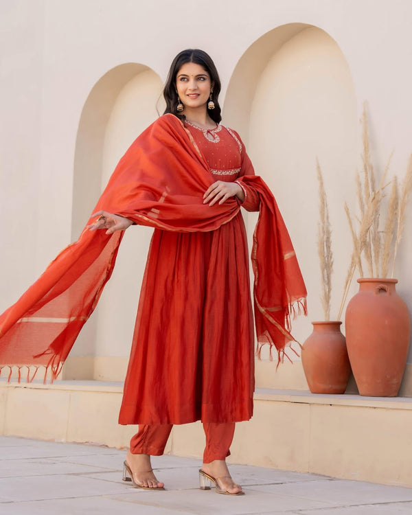 Luxuriant Orange Color Viscose Silk With Embroidery Work Beautiful Kurta Set