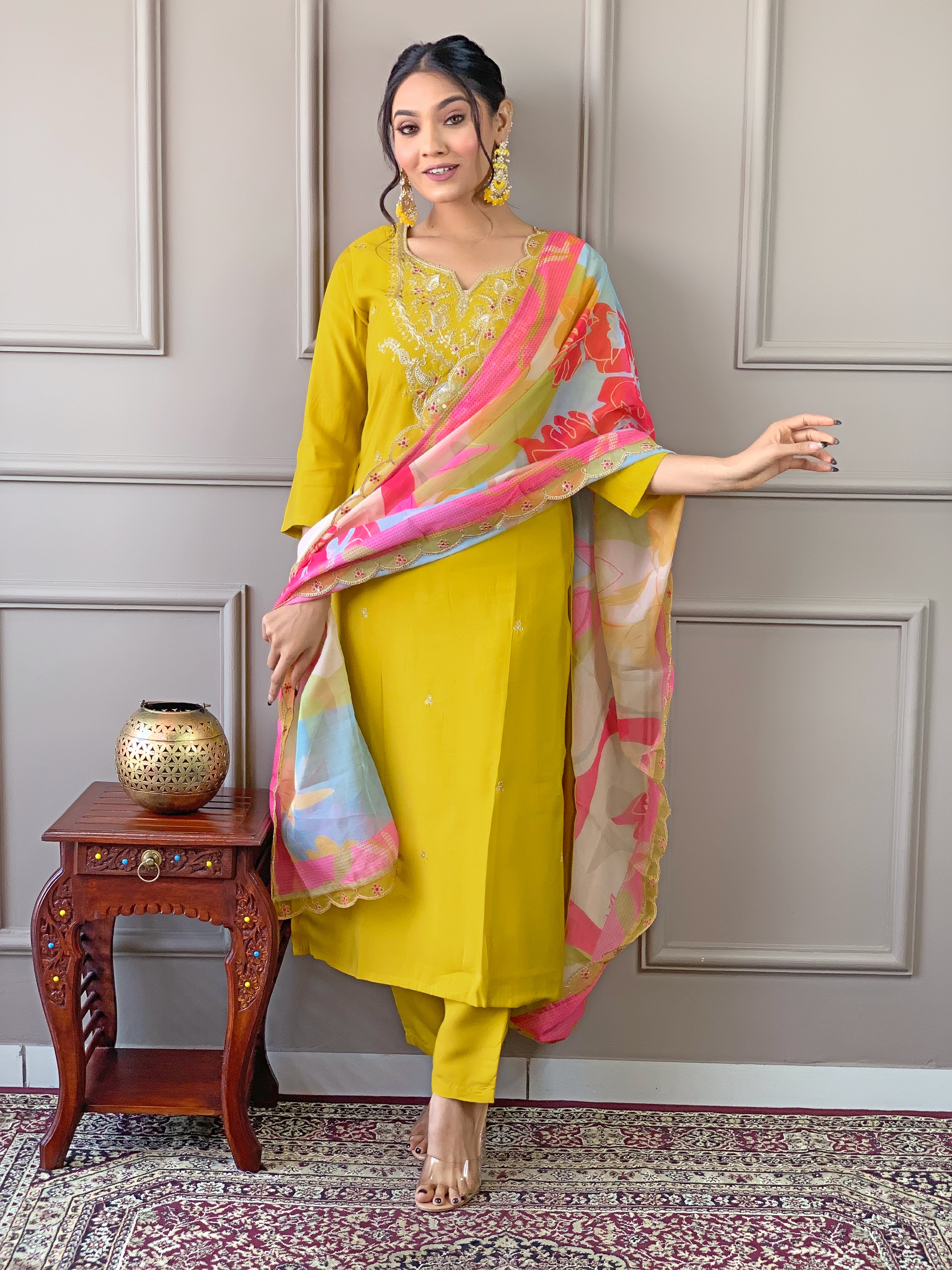 Beautiful Yellow Color Embroidered Work Viscose Kurta Pant Dupatta Set