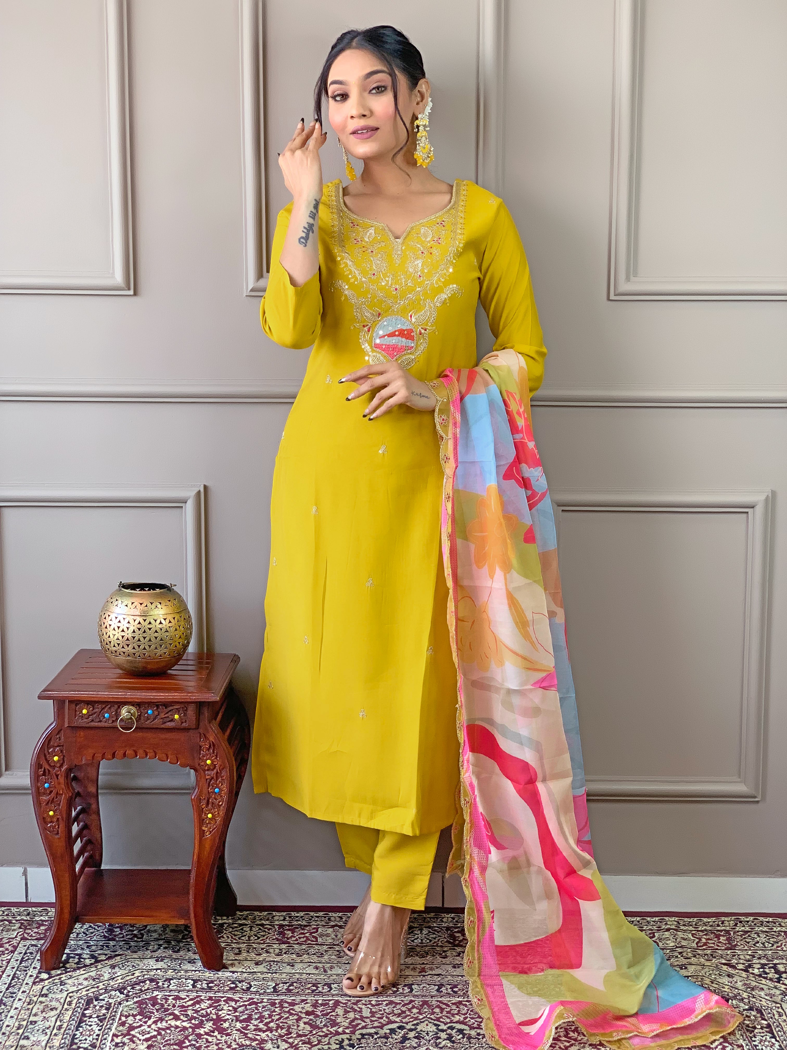 Beautiful Yellow Color Embroidered Work Viscose Kurta Pant Dupatta Set