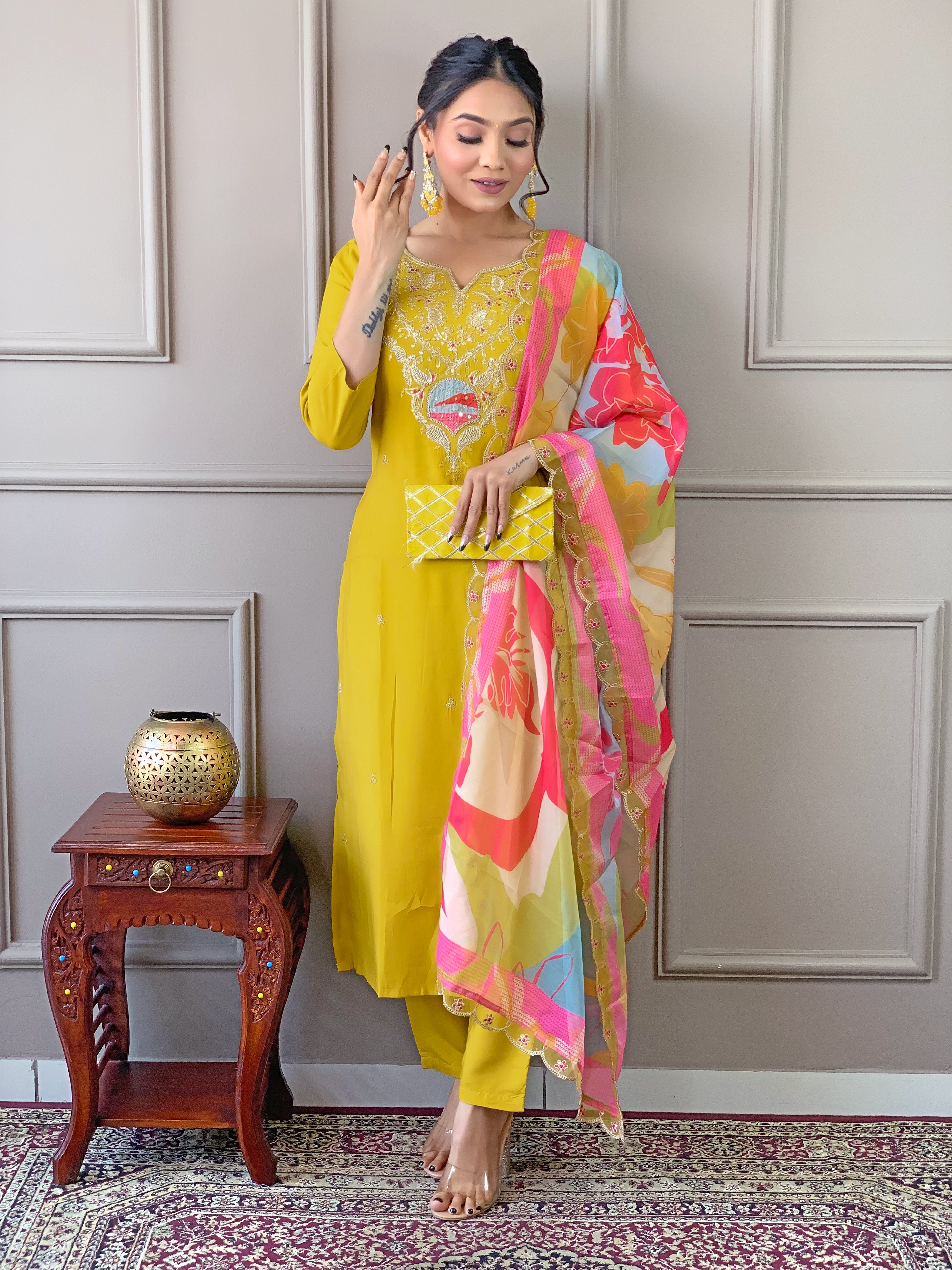 Beautiful Yellow Color Embroidered Work Viscose Kurta Pant Dupatta Set