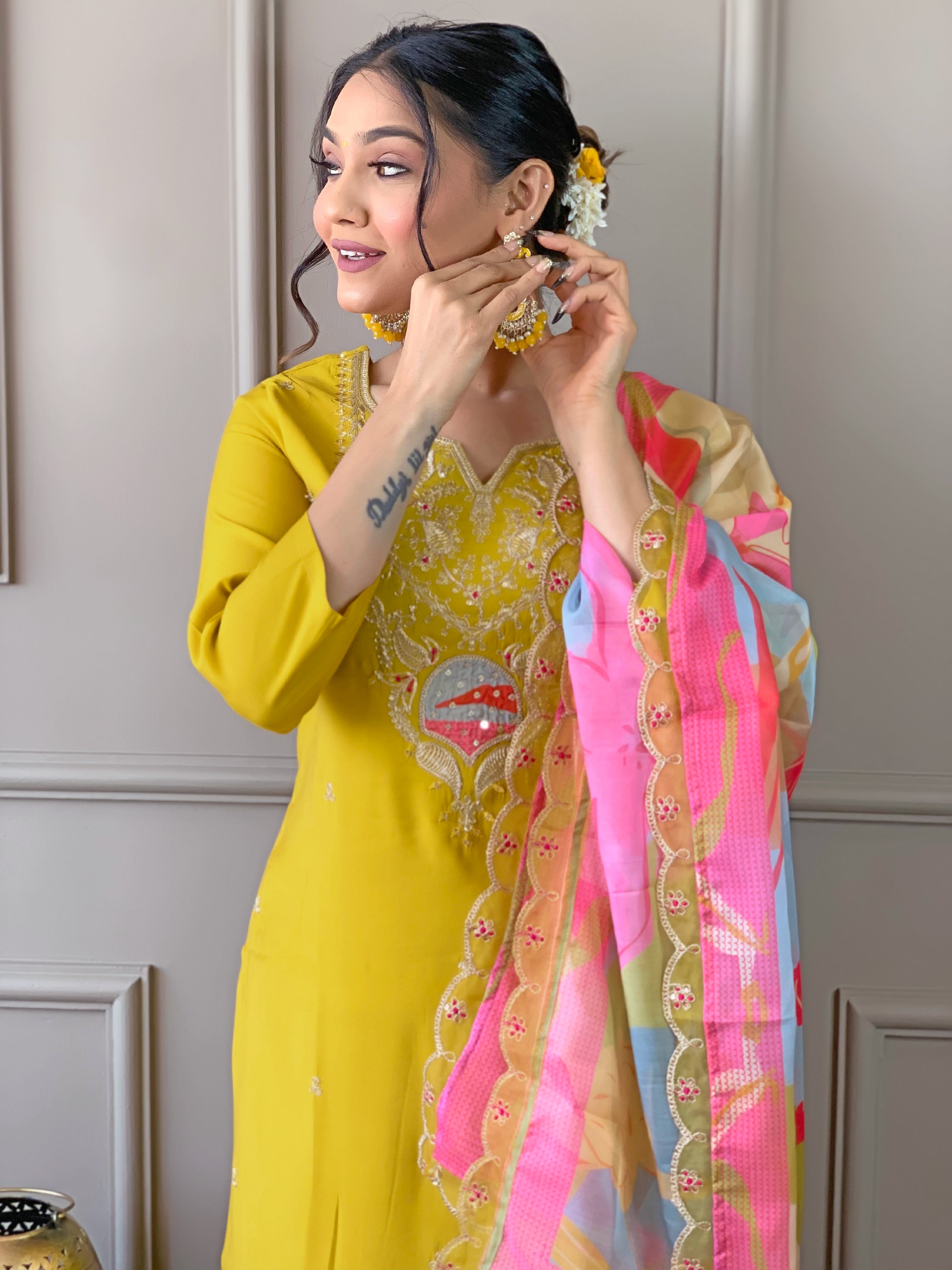 Beautiful Yellow Color Embroidered Work Viscose Kurta Pant Dupatta Set