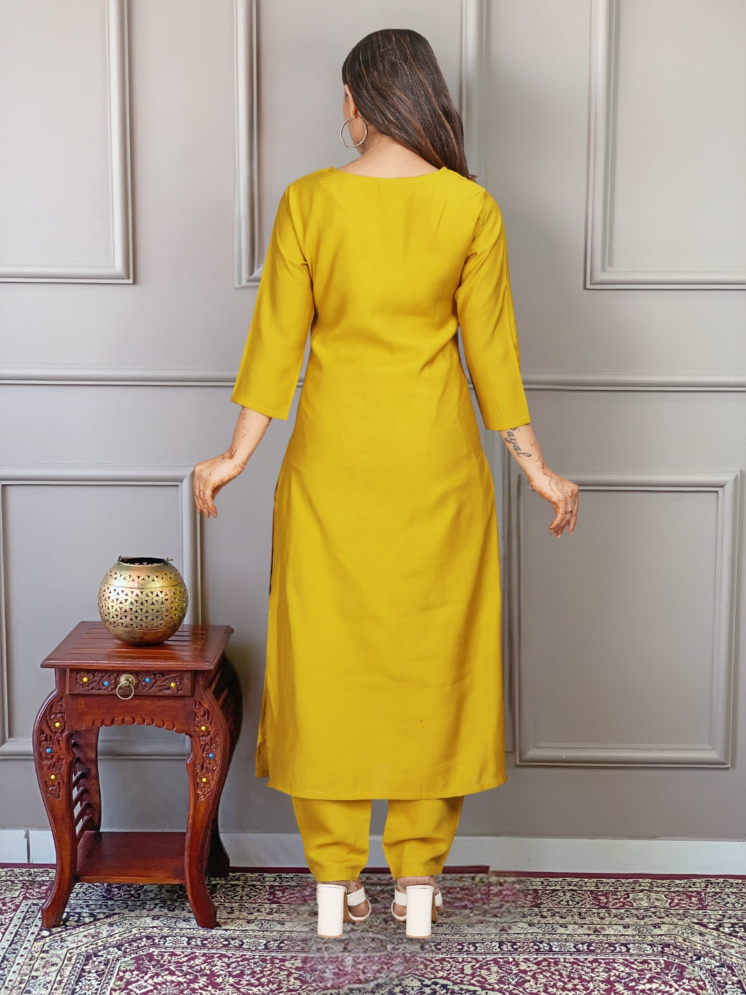 Beautiful Yellow Color Embroidered Work Viscose Kurta Pant Dupatta Set