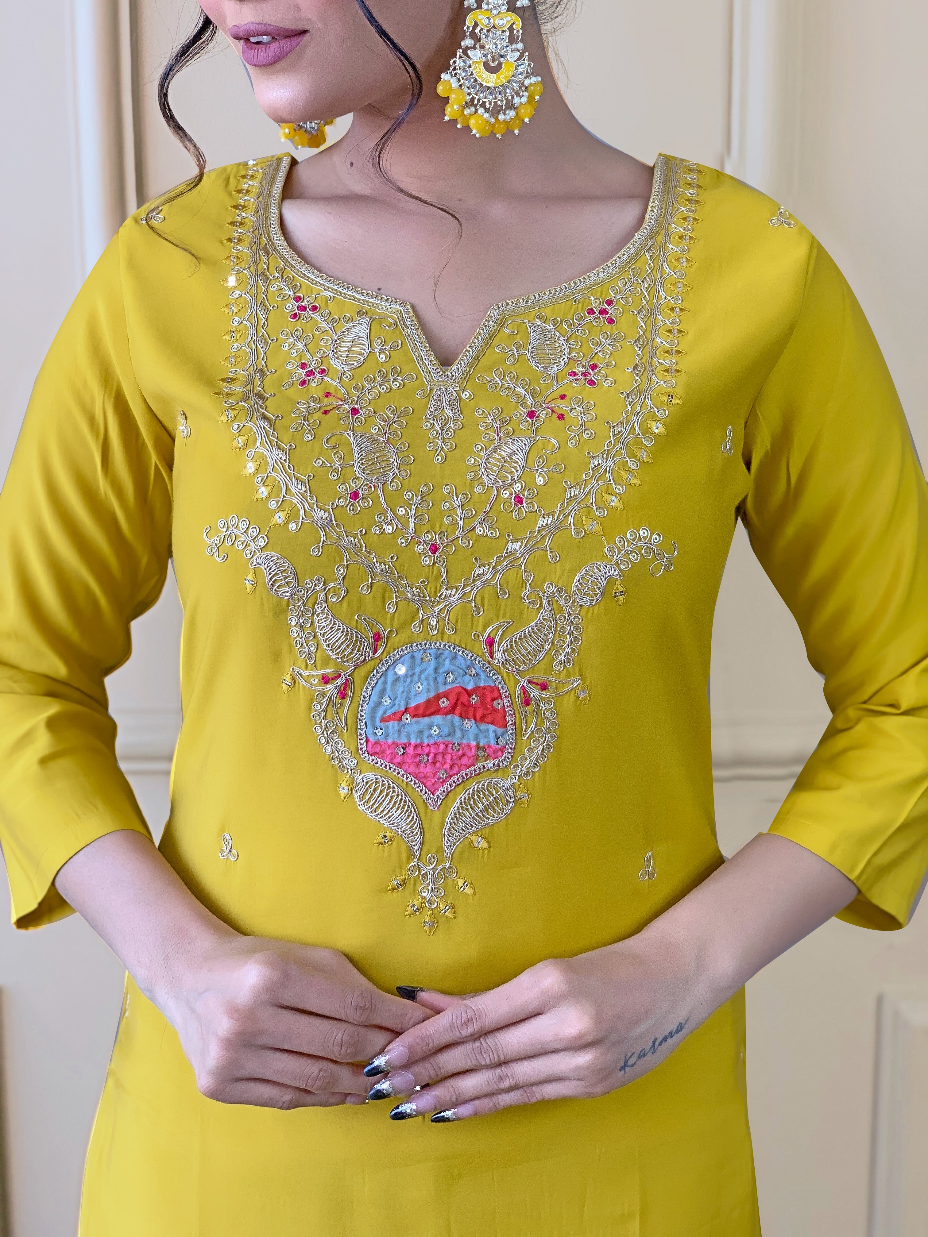 Beautiful Yellow Color Embroidered Work Viscose Kurta Pant Dupatta Set