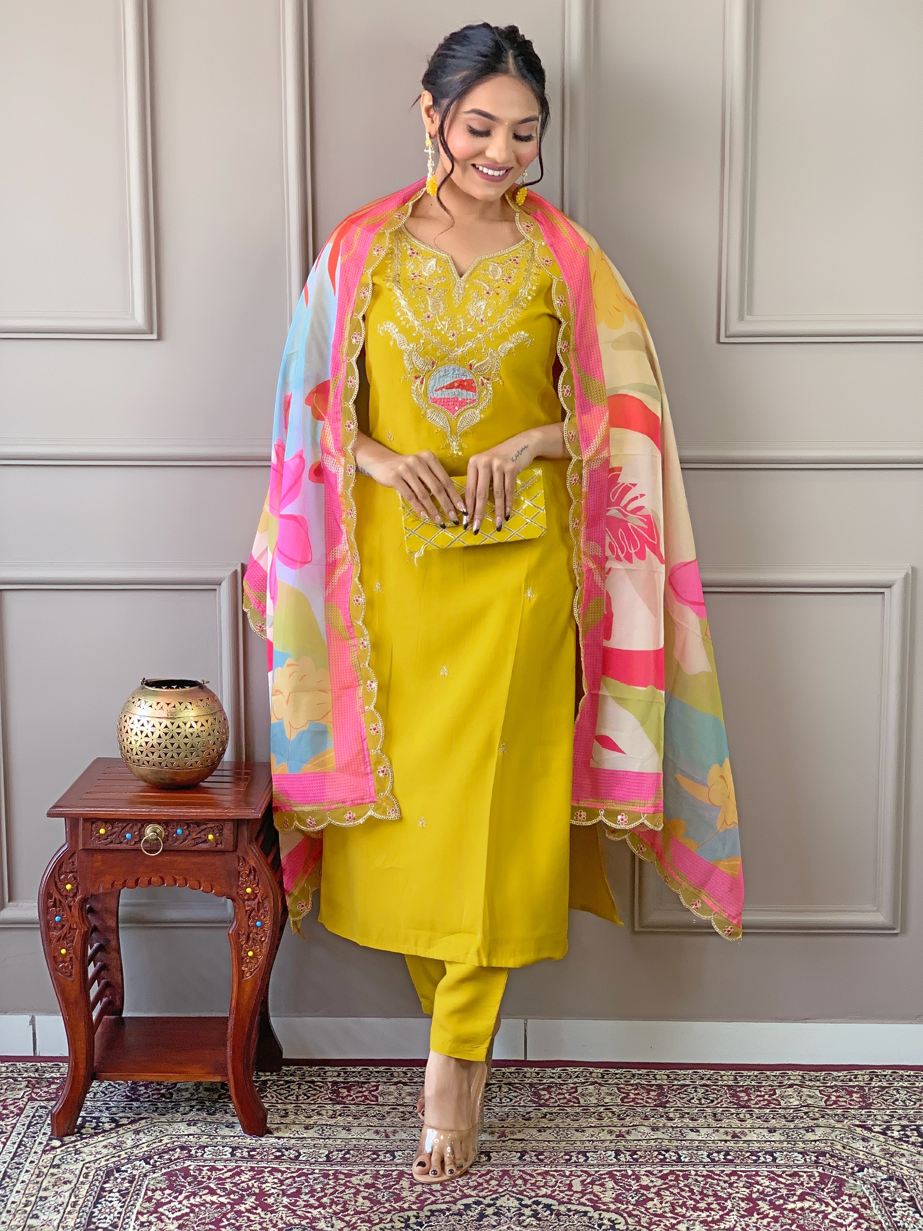Beautiful Yellow Color Embroidered Work Viscose Kurta Pant Dupatta Set