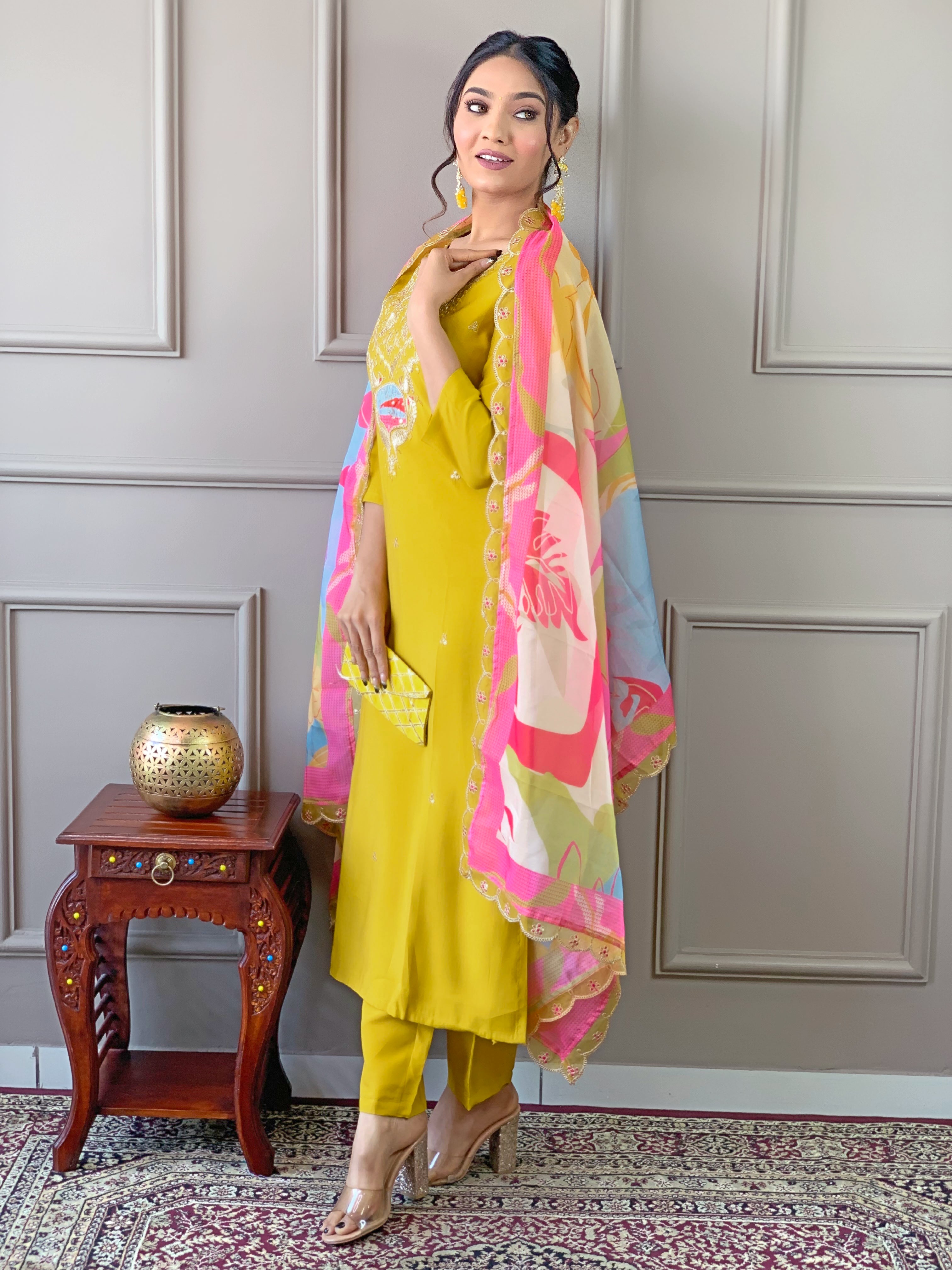 Beautiful Yellow Color Embroidered Work Viscose Kurta Pant Dupatta Set