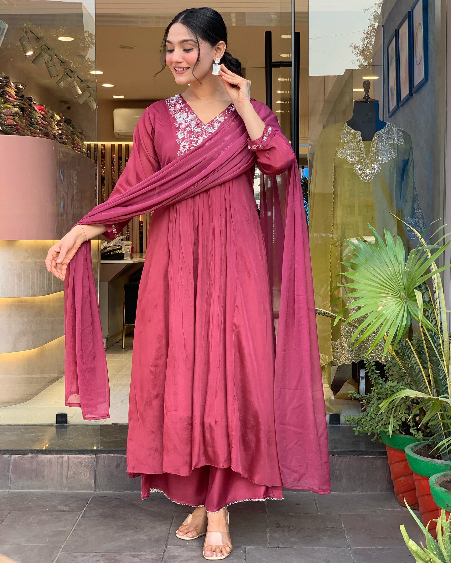Beautiful Pink Color Viscose Chinon With Embroidery Work Kurta Set