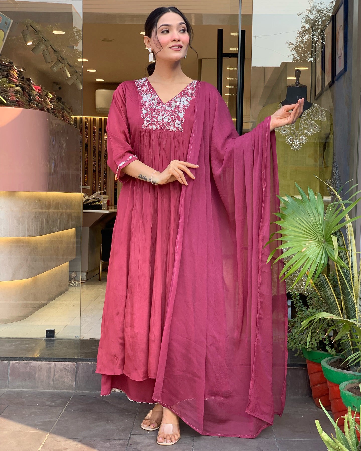 Beautiful Pink Color Viscose Chinon With Embroidery Work Kurta Set