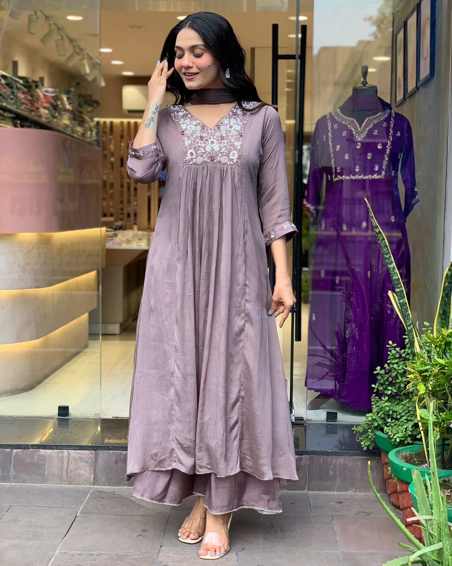 Latest Designer Grey Color Viscose Chinon With Embroidery Work Kurta Set