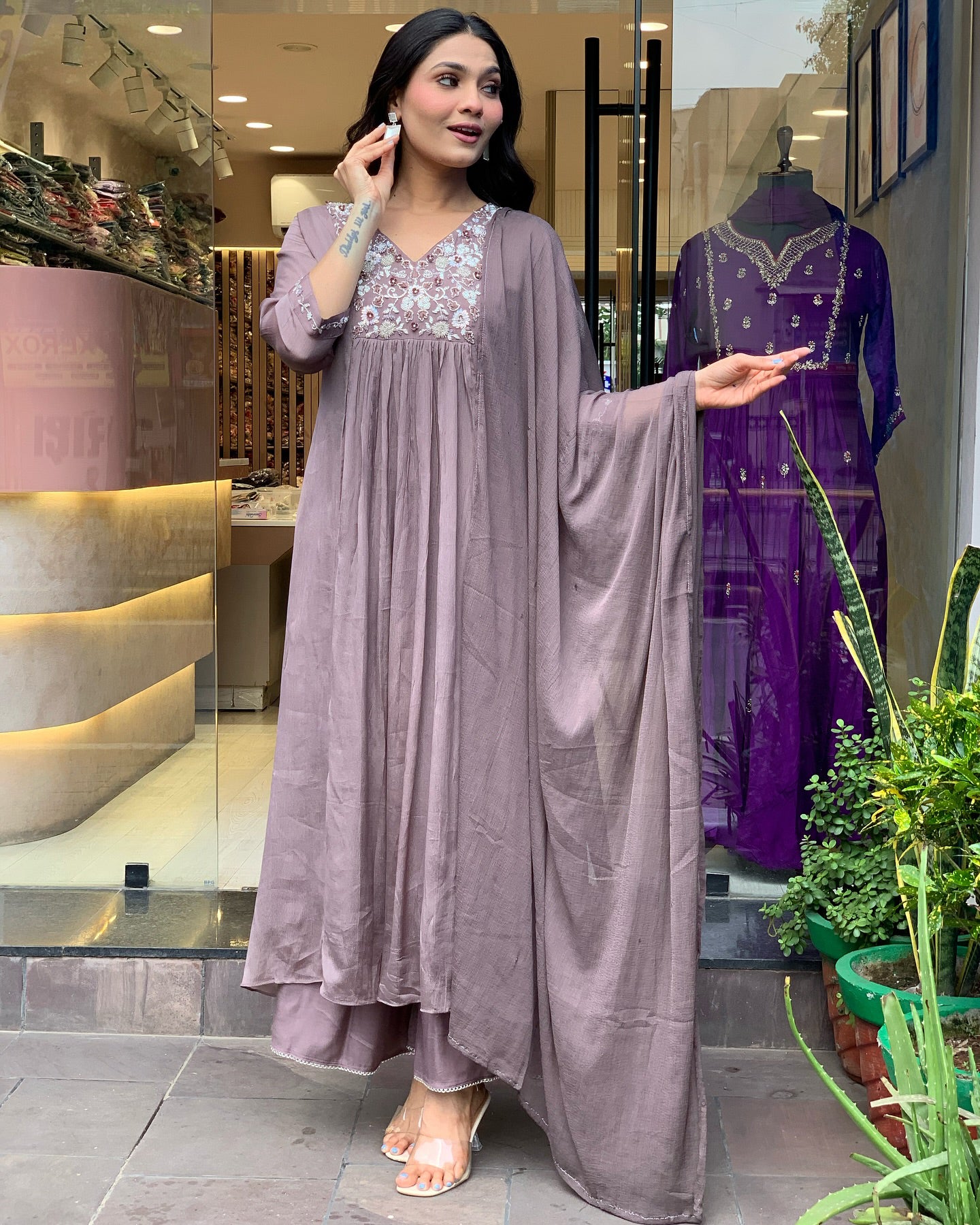 Latest Designer Grey Color Viscose Chinon With Embroidery Work Kurta Set