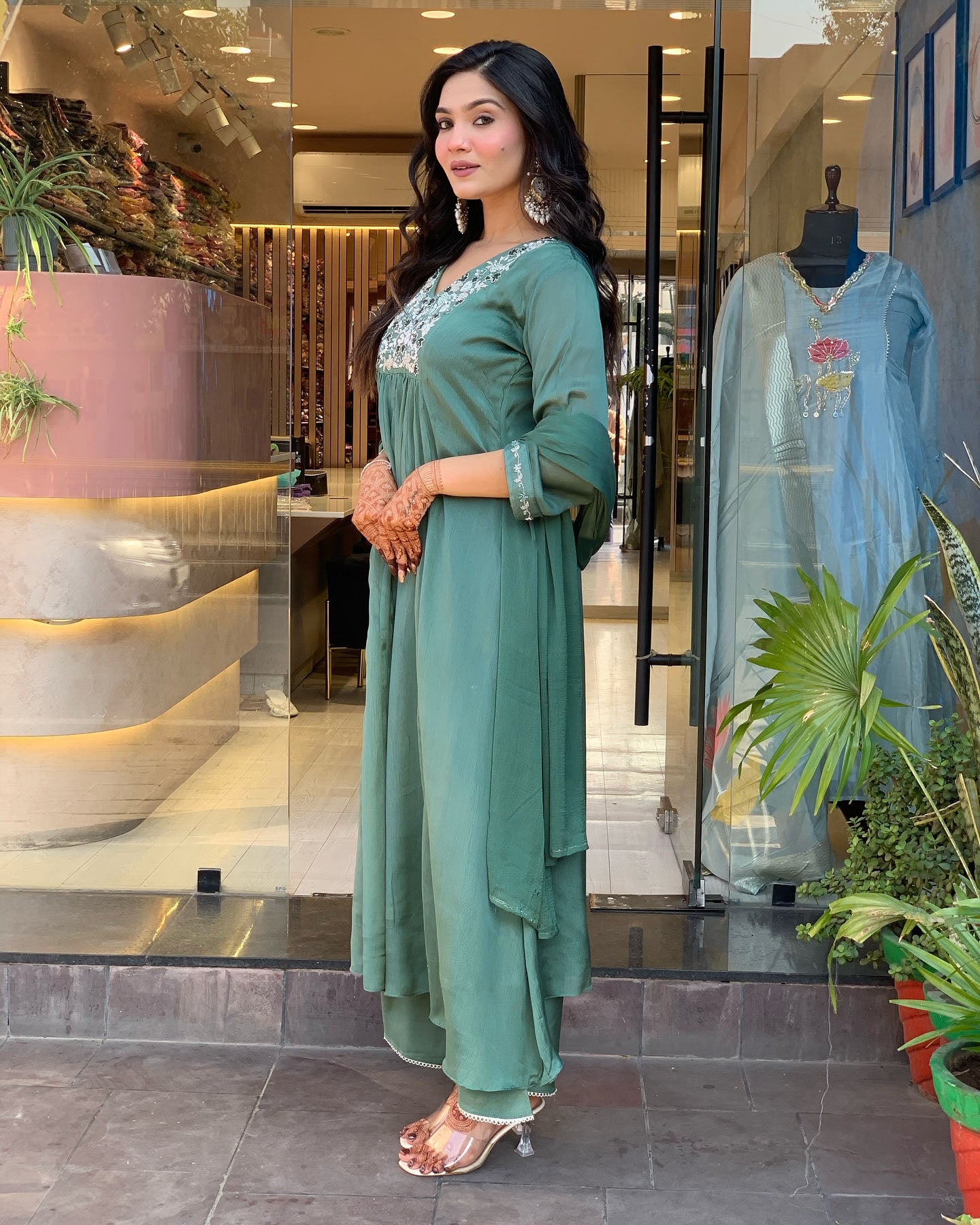 Latest Designer Pista Green Color Viscose Chinon With Embroidery Work Kurta Set