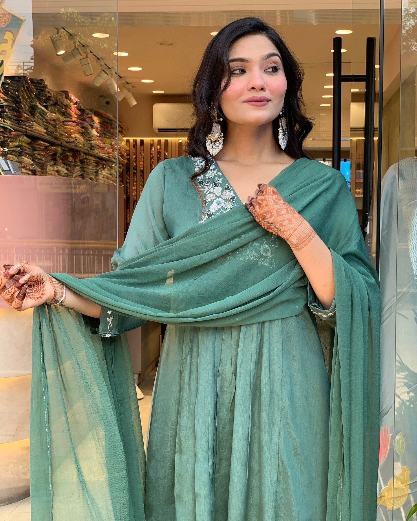 Latest Designer Pista Green Color Viscose Chinon With Embroidery Work Kurta Set