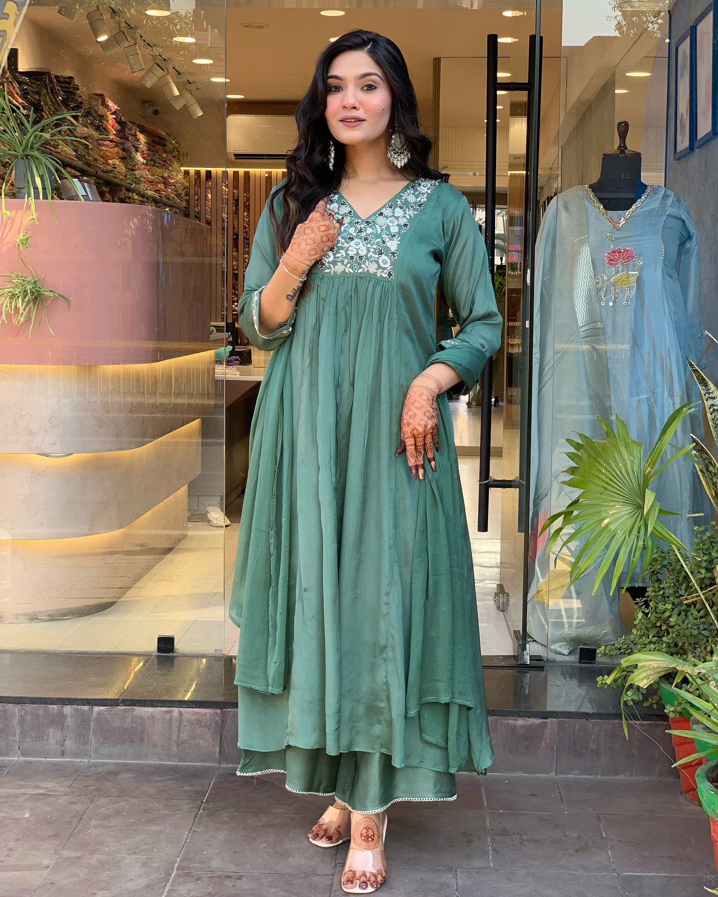 Latest Designer Pista Green Color Viscose Chinon With Embroidery Work Kurta Set