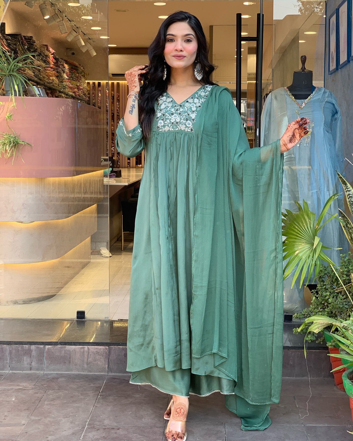 Latest Designer Pista Green Color Viscose Chinon With Embroidery Work Kurta Set