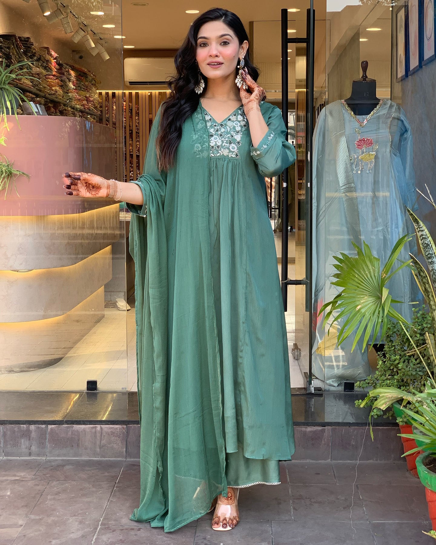 Latest Designer Pista Green Color Viscose Chinon With Embroidery Work Kurta Set