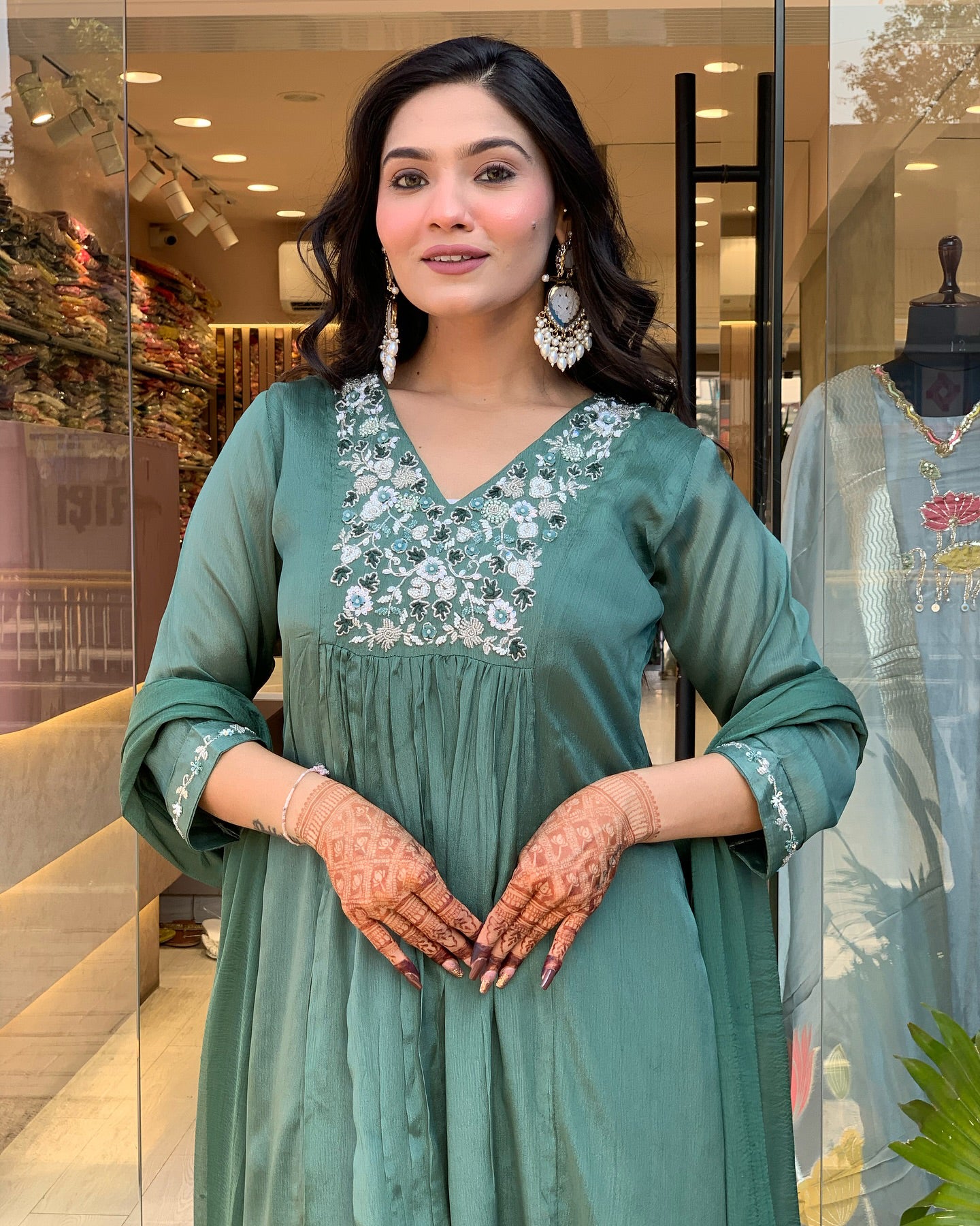 Latest Designer Pista Green Color Viscose Chinon With Embroidery Work Kurta Set
