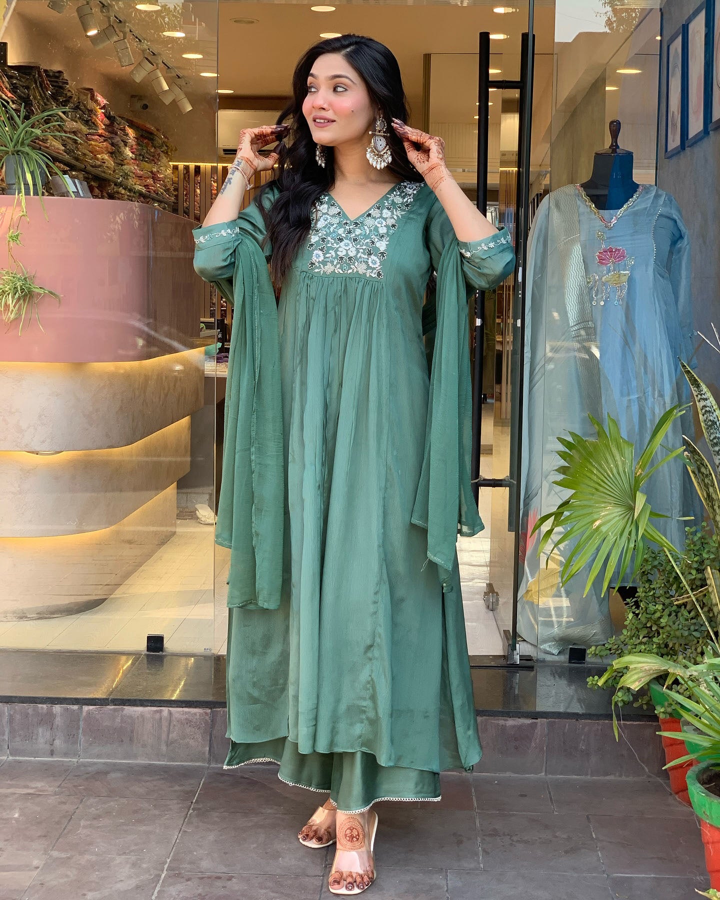 Latest Designer Pista Green Color Viscose Chinon With Embroidery Work Kurta Set