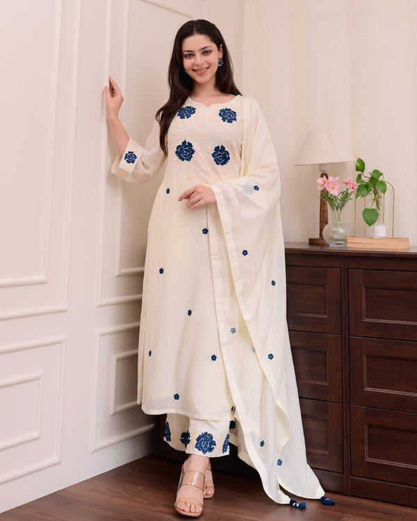 Exclusive White Color Rayon Slub With Embroidery Work Beautiful Kurta Set