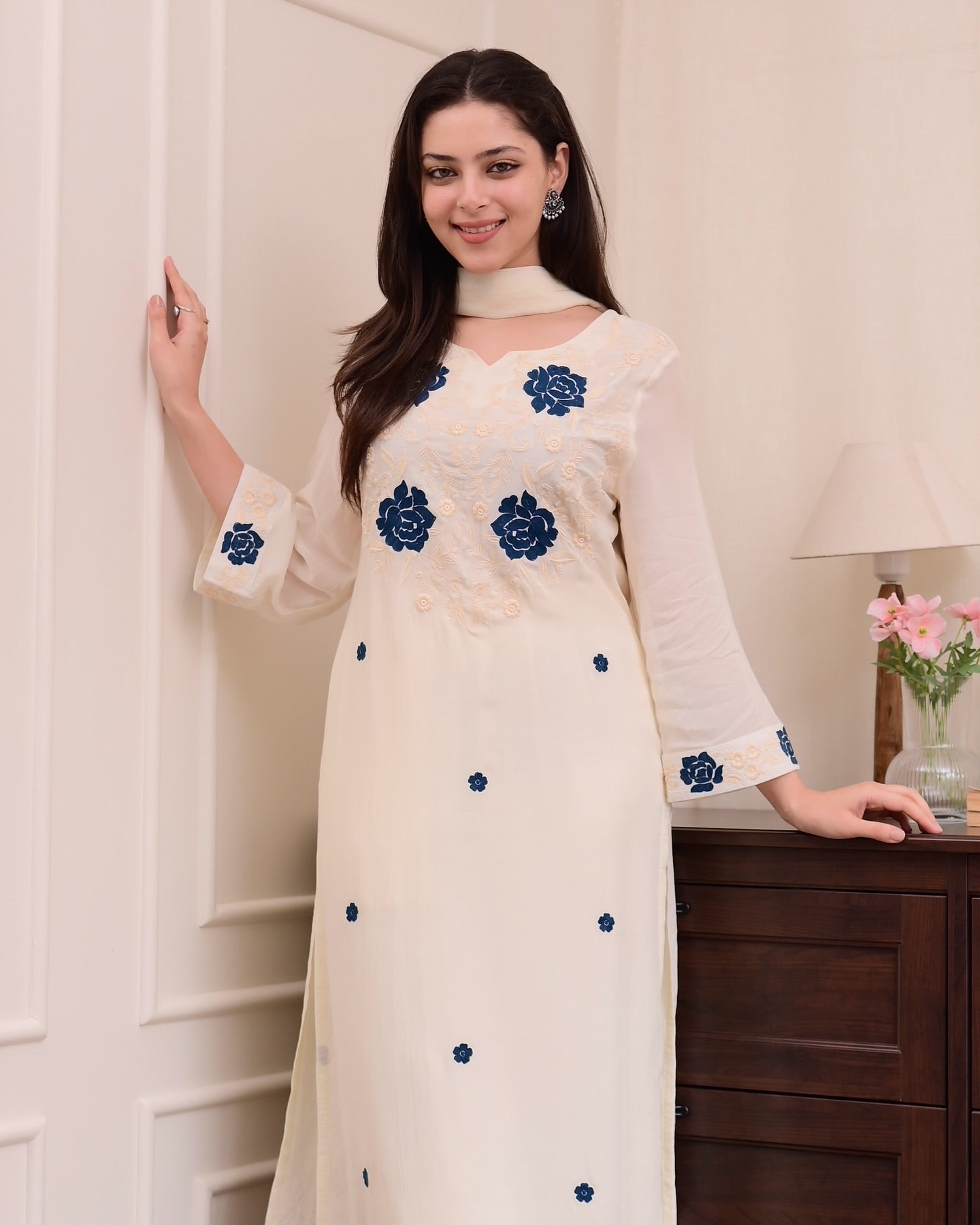 Exclusive White Color Rayon Slub With Embroidery Work Beautiful Kurta Set