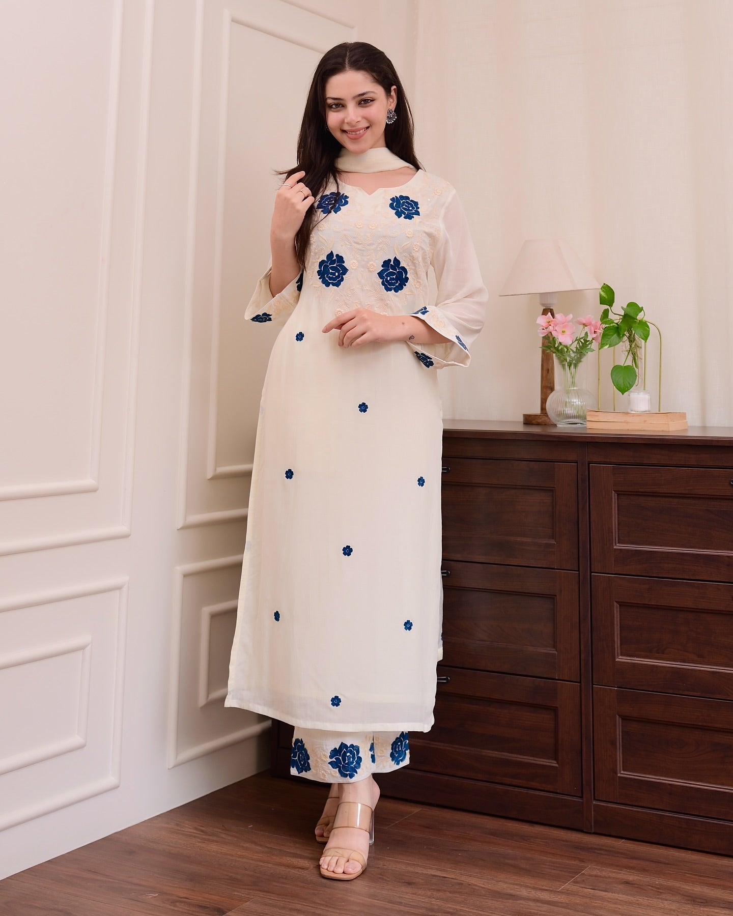 Exclusive White Color Rayon Slub With Embroidery Work Beautiful Kurta Set