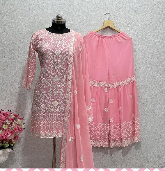 Opulent Light Pink Color Embroidery Peral Work Sharara Suit