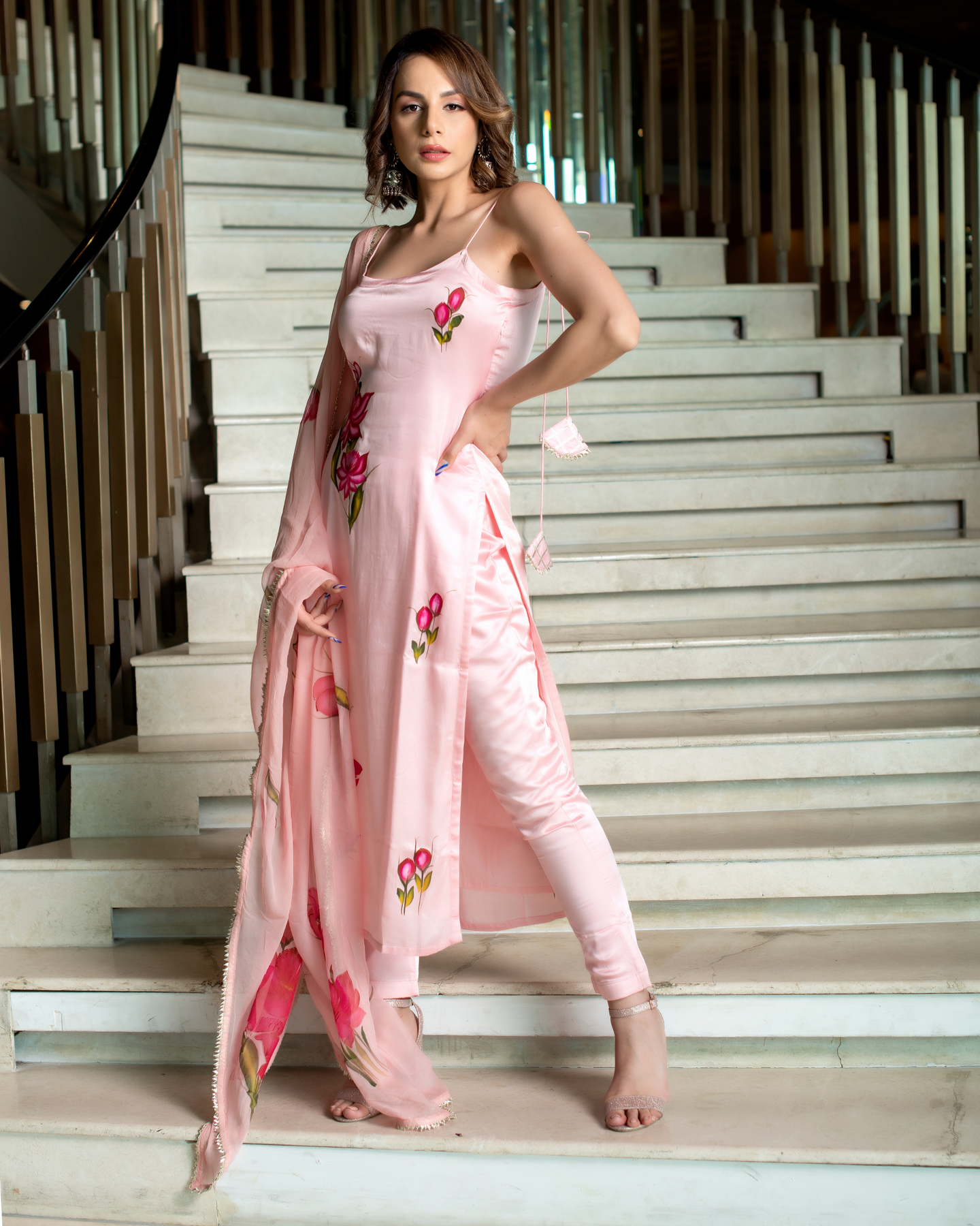 Casual Wear Baby Pink Color Viscose French Crepe Printed Beautiful Kurta Set