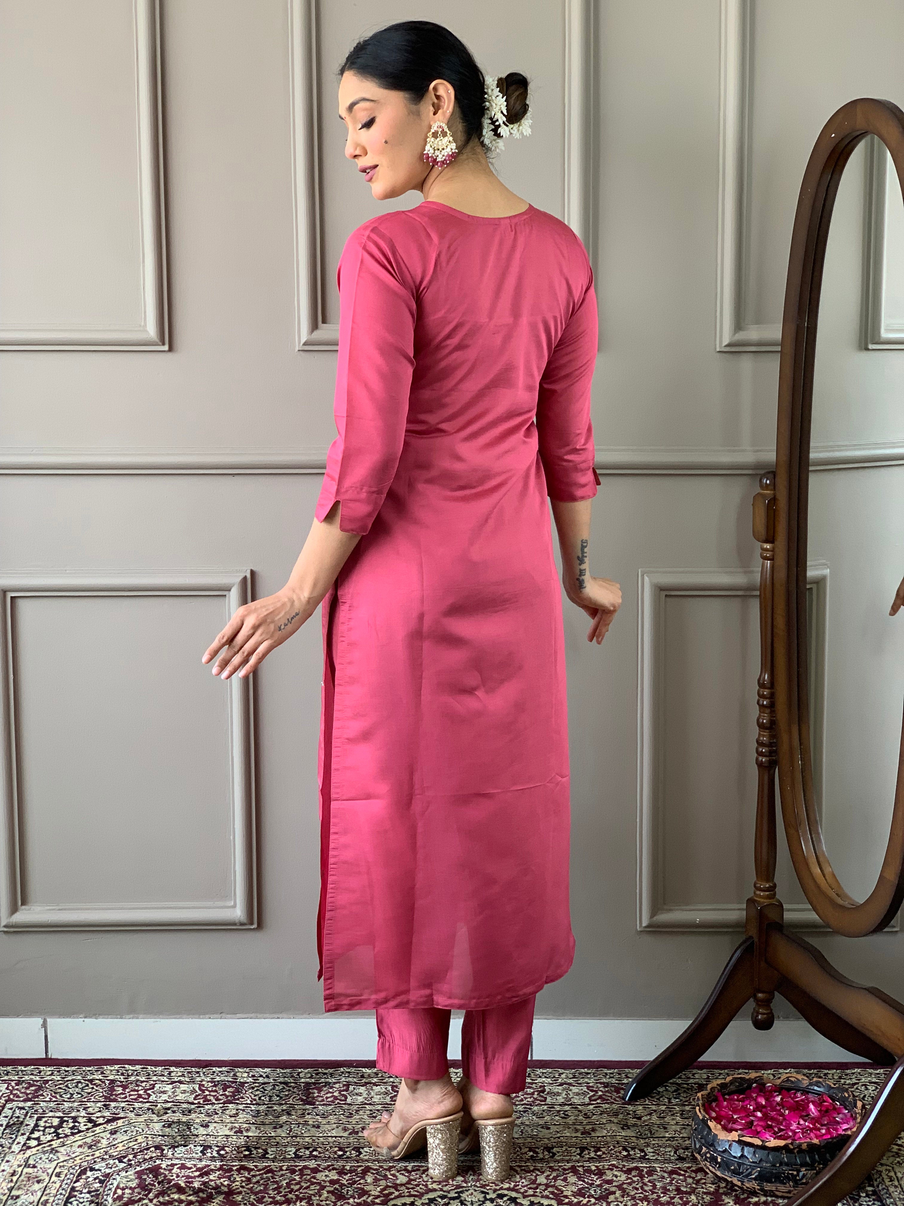 Alluring Pink Color Viscose Chanderi With Embroidery Work Designer Kurta Set