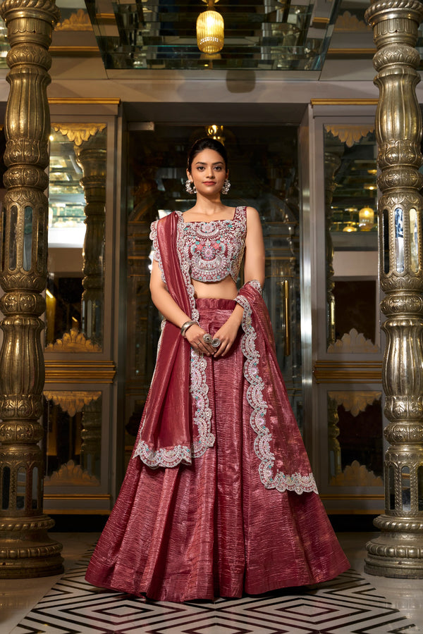 Luxuriant Dusty Color Gold Crush Lehenga With Sequins And Thread Embroidery With Jarkan Diamond Work Blouse