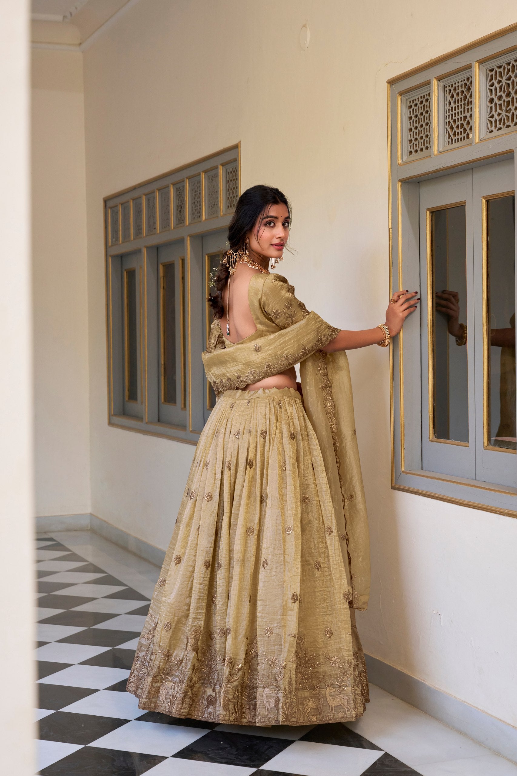 Outstanding Beige Color Gold Crush With Sequins And Thread Embroidery Work Lehenga Choli