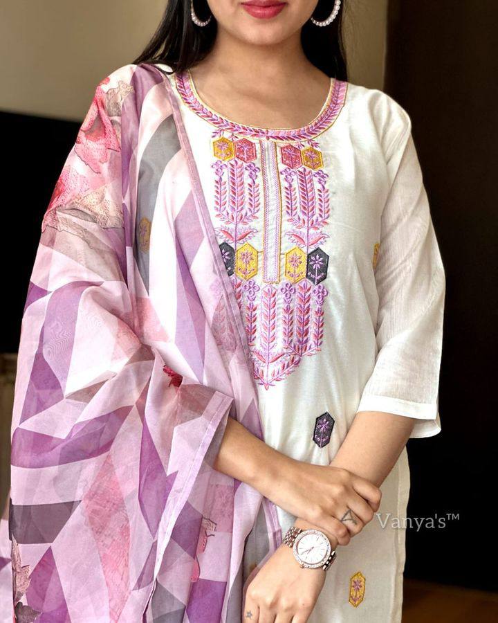 Captivating Off White Color Embroidered Work And Chanderi Silk Kurta Set With Printed Dupatta