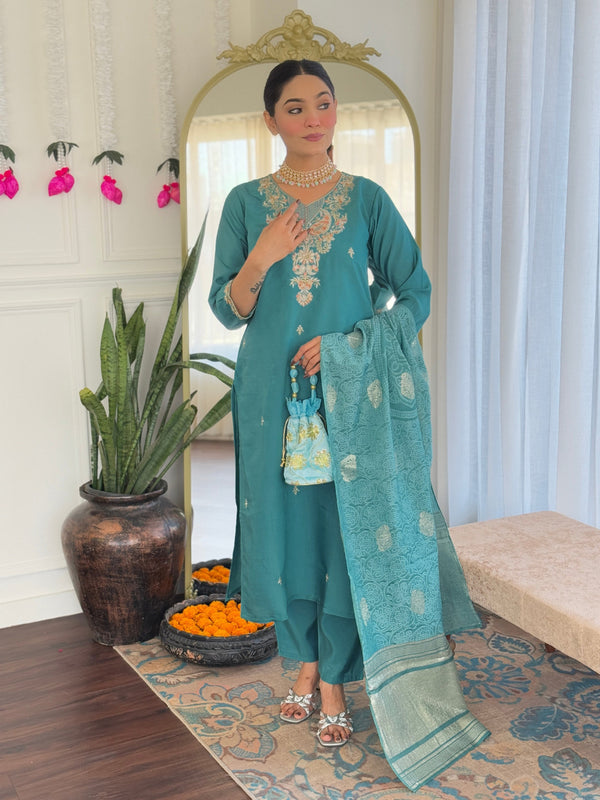 Designer Aqua Green Color Viscose Chanderi With Embroidery Work Beautiful Kurta Set