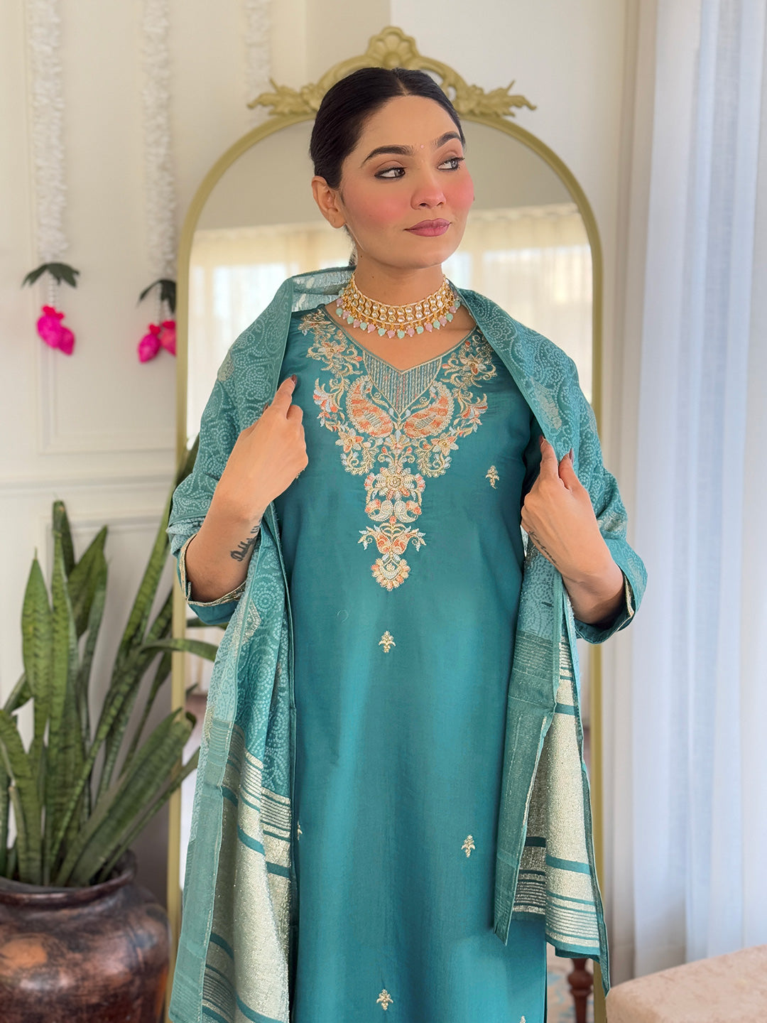 Designer Aqua Green Color Viscose Chanderi With Embroidery Work Beautiful Kurta Set