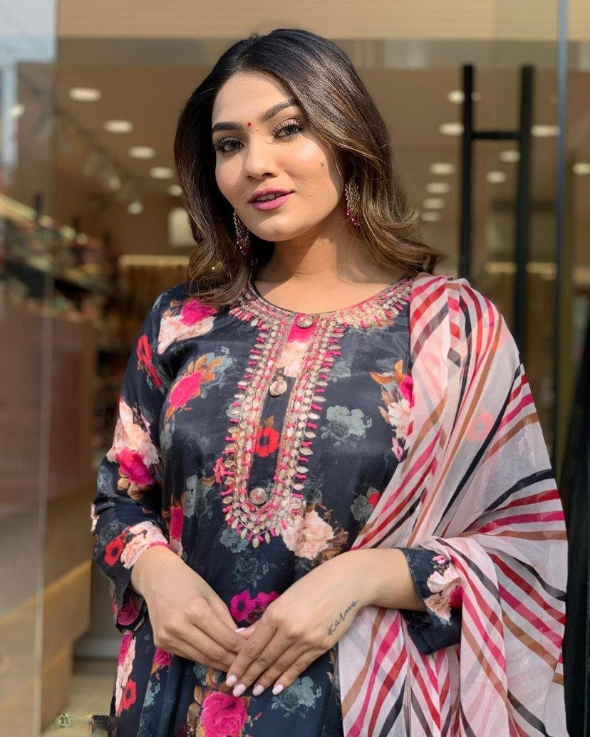 Precious Black Color Viscose Silk With Embroidery Work Beautiful Kurta Set