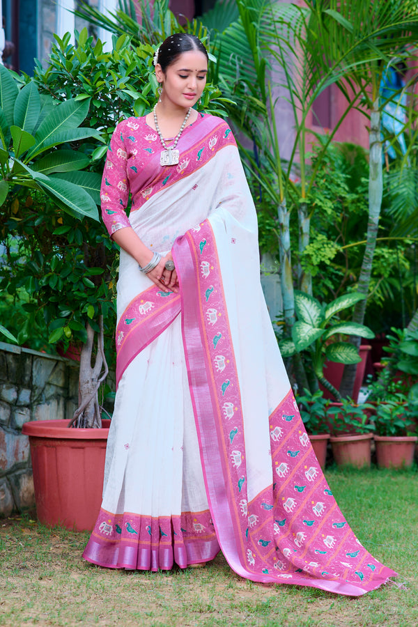 Innovative Pink And White Color Color Pure Cotton Lilen With Digital Printed Designer Saree