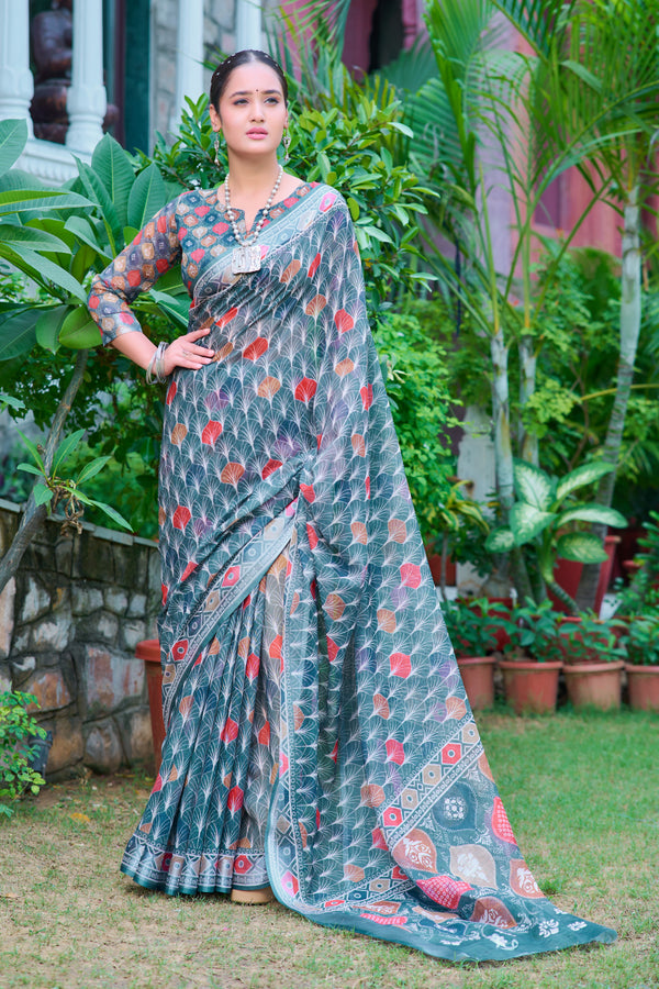 Pretty Light Green Color Color Pure Cotton Lilen With Digital Printed Designer Saree