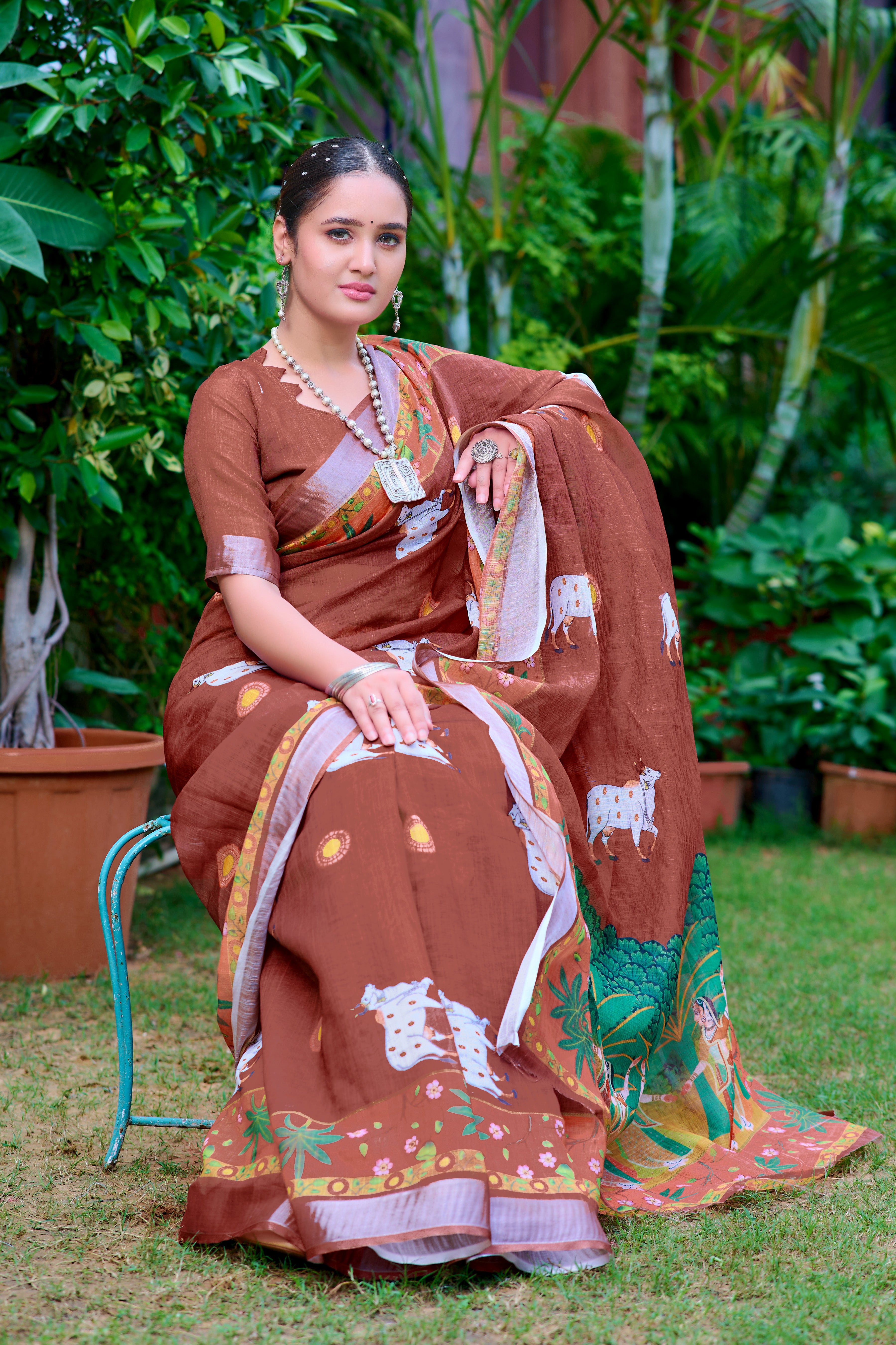 Exclusive Brown Color Color Pure Cotton Lilen With Digital Printed Designer Saree