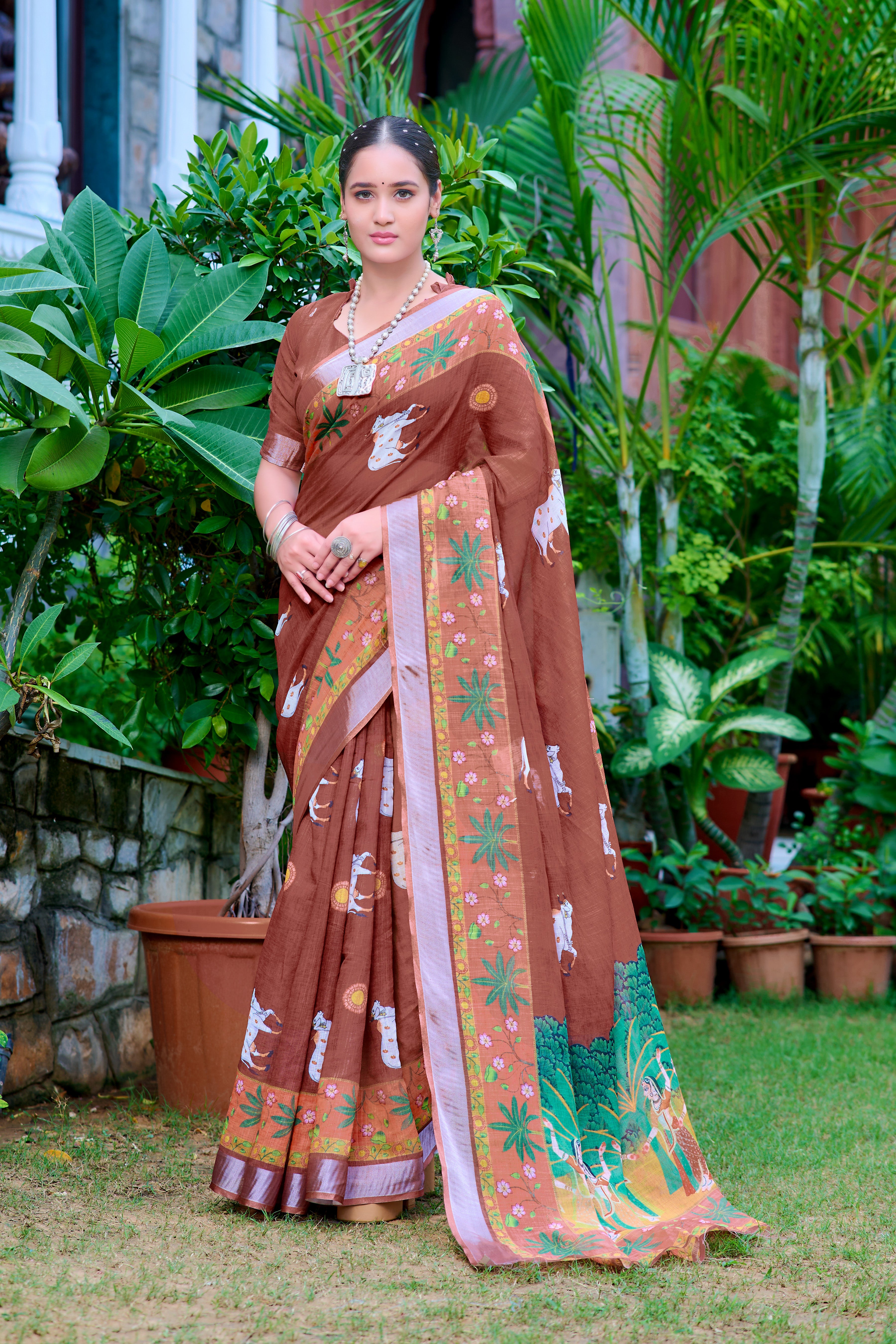 Exclusive Brown Color Color Pure Cotton Lilen With Digital Printed Designer Saree