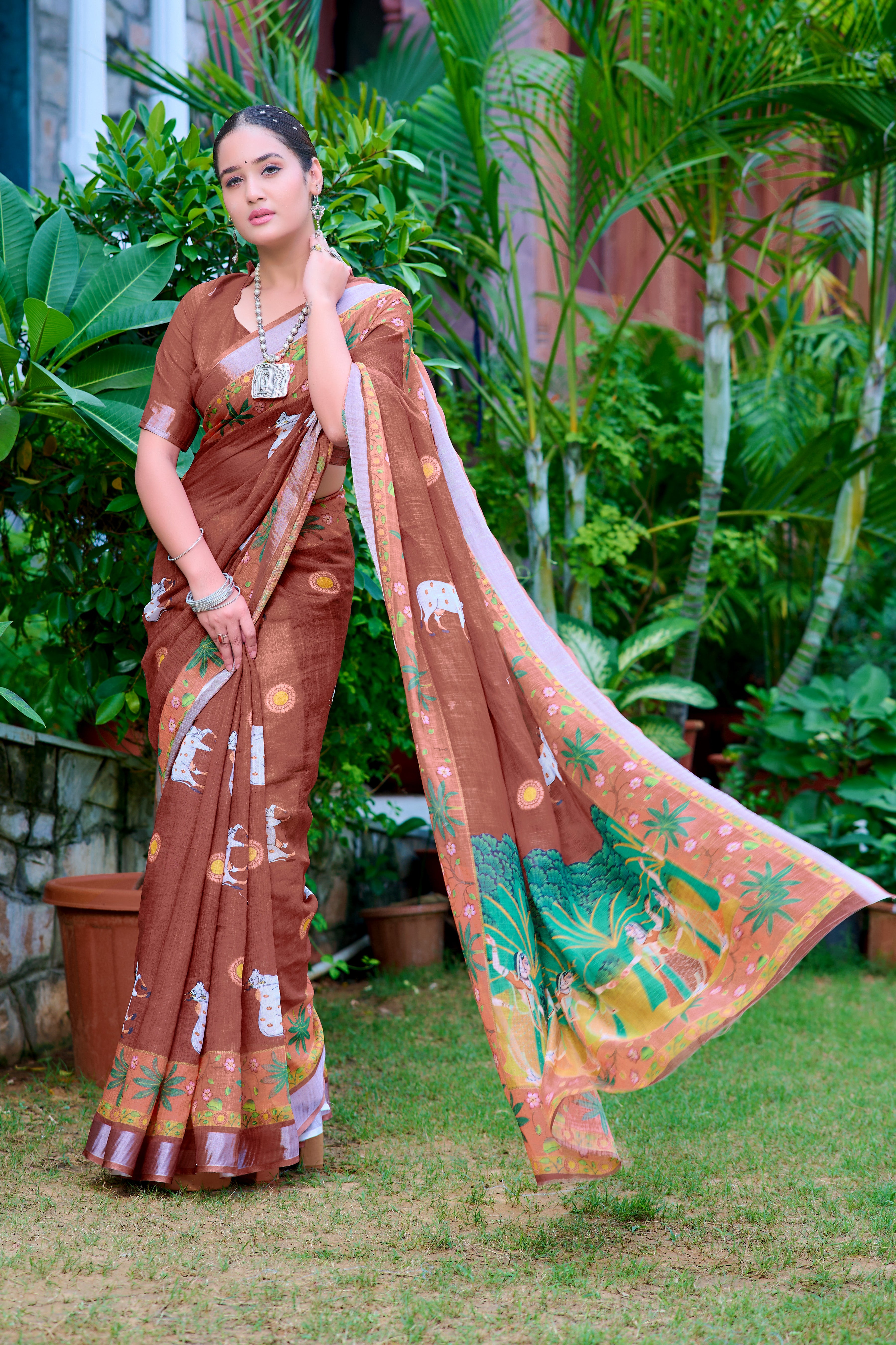 Exclusive Brown Color Color Pure Cotton Lilen With Digital Printed Designer Saree