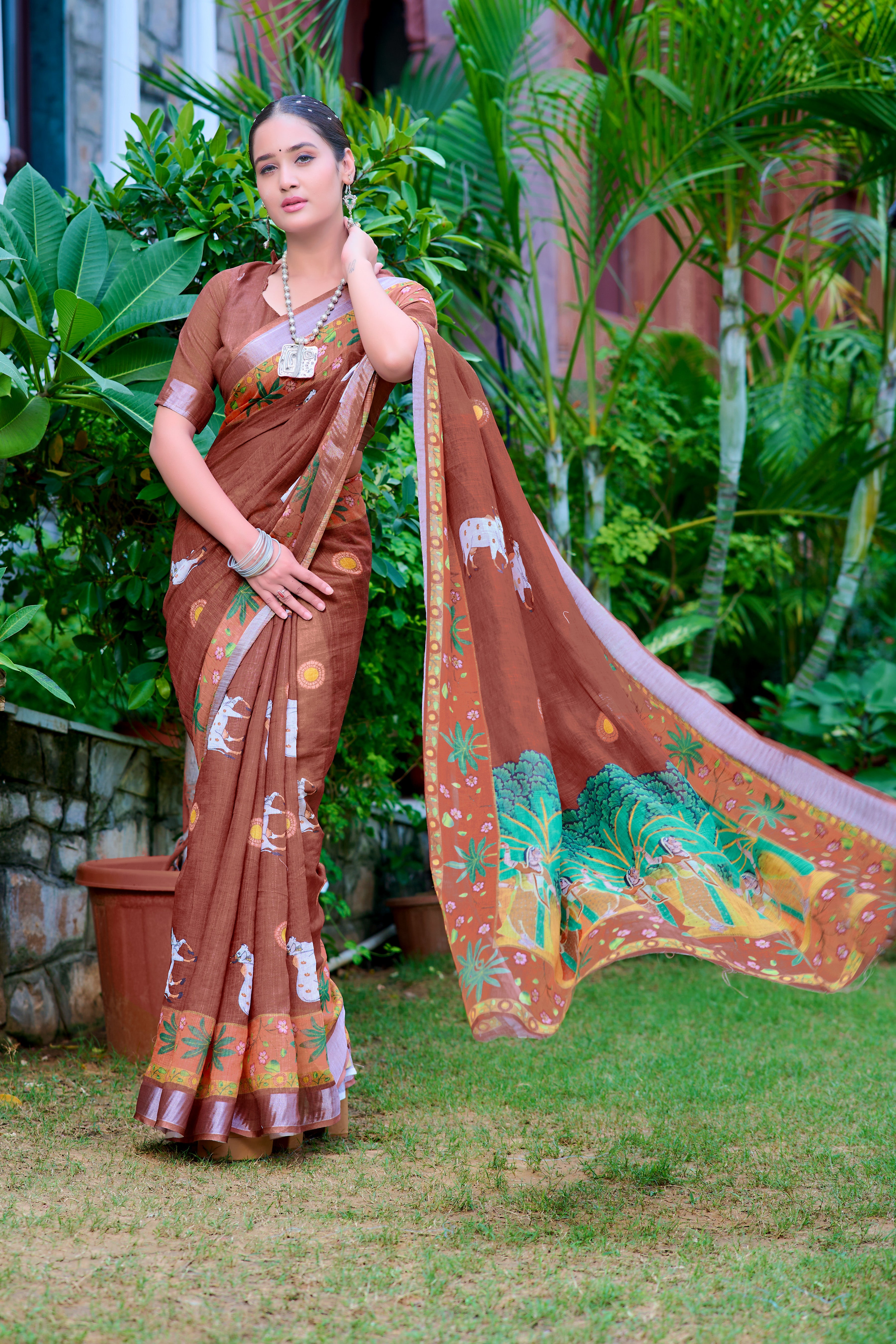 Exclusive Brown Color Color Pure Cotton Lilen With Digital Printed Designer Saree