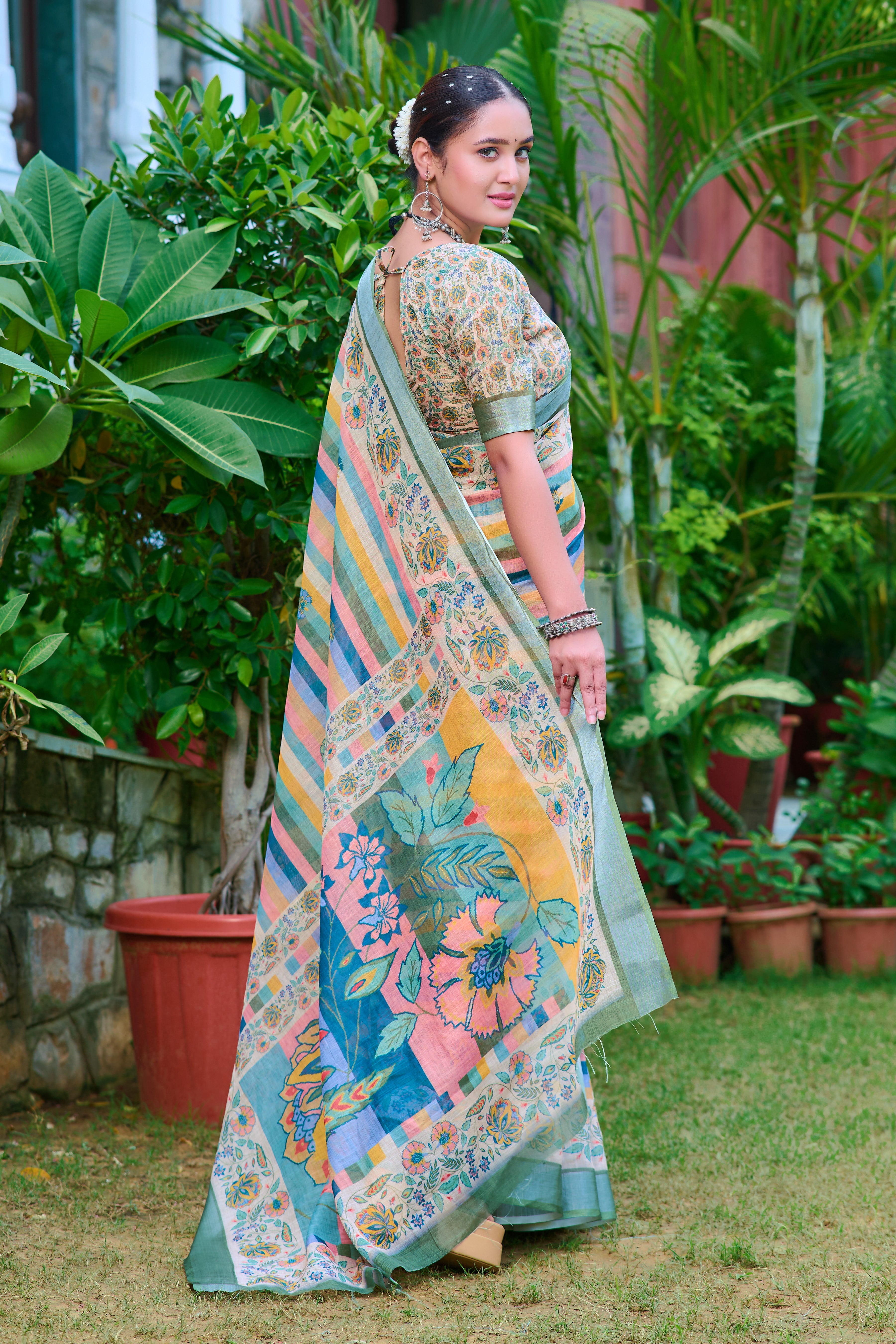 Attractive Multi Color Color Pure Cotton Lilen With Digital Printed Designer Saree